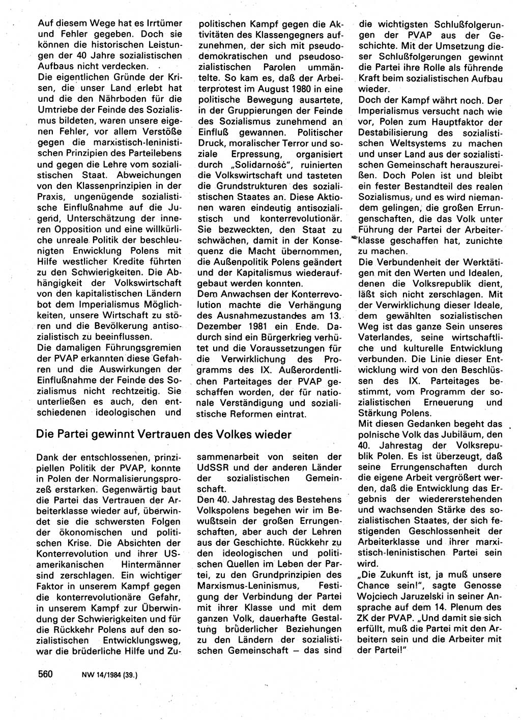 Neuer Weg (NW), Organ des Zentralkomitees (ZK) der SED (Sozialistische Einheitspartei Deutschlands) für Fragen des Parteilebens, 39. Jahrgang [Deutsche Demokratische Republik (DDR)] 1984, Seite 560 (NW ZK SED DDR 1984, S. 560)