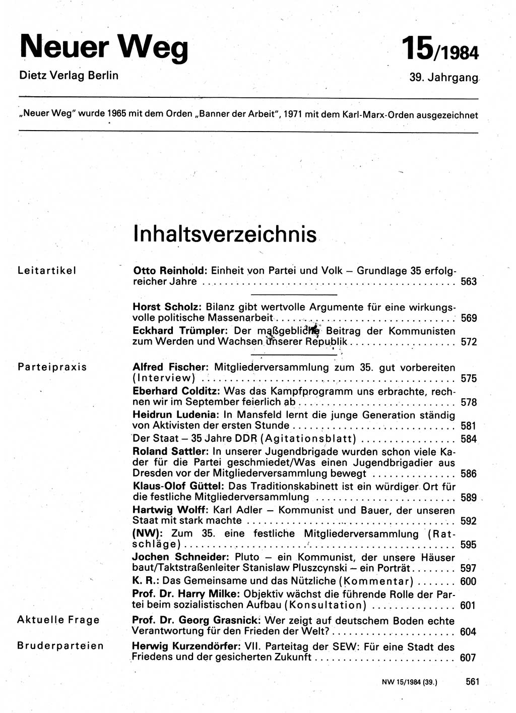 Neuer Weg (NW), Organ des Zentralkomitees (ZK) der SED (Sozialistische Einheitspartei Deutschlands) für Fragen des Parteilebens, 39. Jahrgang [Deutsche Demokratische Republik (DDR)] 1984, Seite 561 (NW ZK SED DDR 1984, S. 561)