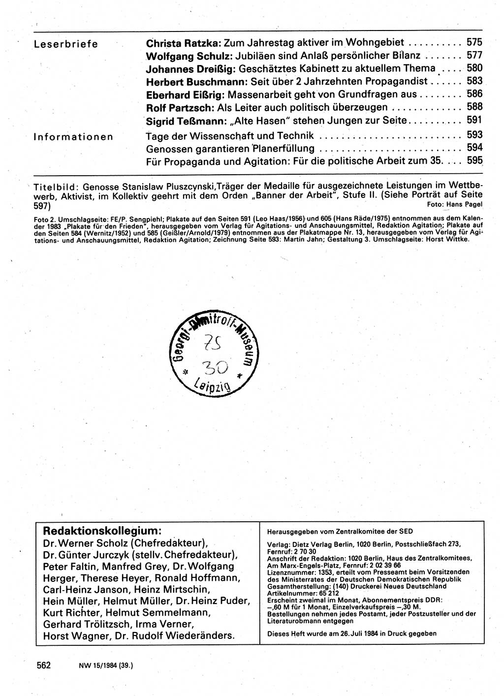 Neuer Weg (NW), Organ des Zentralkomitees (ZK) der SED (Sozialistische Einheitspartei Deutschlands) für Fragen des Parteilebens, 39. Jahrgang [Deutsche Demokratische Republik (DDR)] 1984, Seite 562 (NW ZK SED DDR 1984, S. 562)
