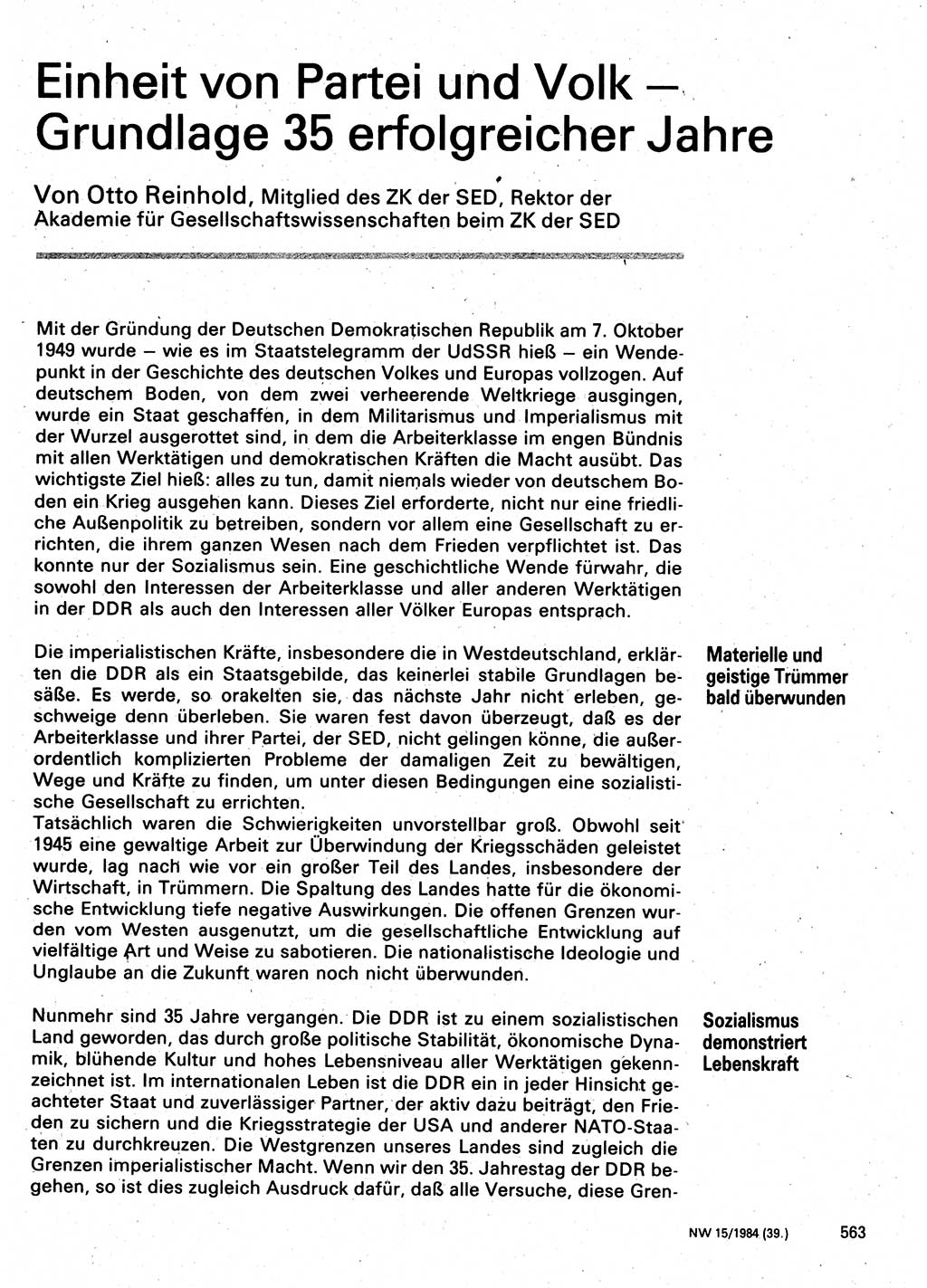 Neuer Weg (NW), Organ des Zentralkomitees (ZK) der SED (Sozialistische Einheitspartei Deutschlands) für Fragen des Parteilebens, 39. Jahrgang [Deutsche Demokratische Republik (DDR)] 1984, Seite 563 (NW ZK SED DDR 1984, S. 563)