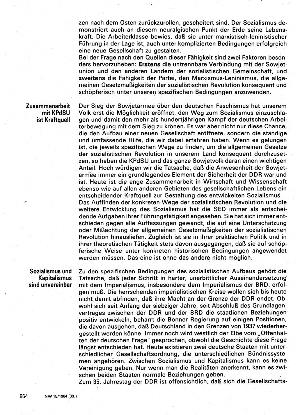 Neuer Weg (NW), Organ des Zentralkomitees (ZK) der SED (Sozialistische Einheitspartei Deutschlands) fÃ¼r Fragen des Parteilebens, 39. Jahrgang [Deutsche Demokratische Republik (DDR)] 1984, Seite 564 (NW ZK SED DDR 1984, S. 564)