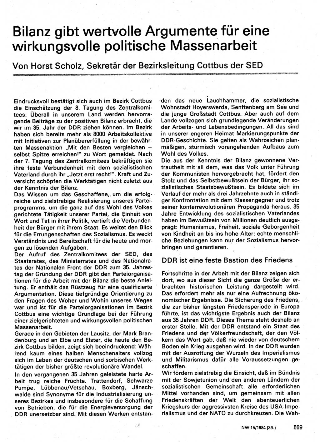 Neuer Weg (NW), Organ des Zentralkomitees (ZK) der SED (Sozialistische Einheitspartei Deutschlands) für Fragen des Parteilebens, 39. Jahrgang [Deutsche Demokratische Republik (DDR)] 1984, Seite 569 (NW ZK SED DDR 1984, S. 569)