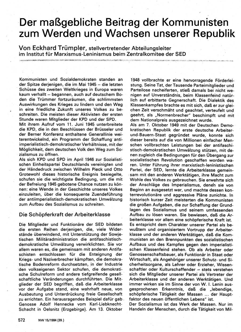 Neuer Weg (NW), Organ des Zentralkomitees (ZK) der SED (Sozialistische Einheitspartei Deutschlands) für Fragen des Parteilebens, 39. Jahrgang [Deutsche Demokratische Republik (DDR)] 1984, Seite 572 (NW ZK SED DDR 1984, S. 572)