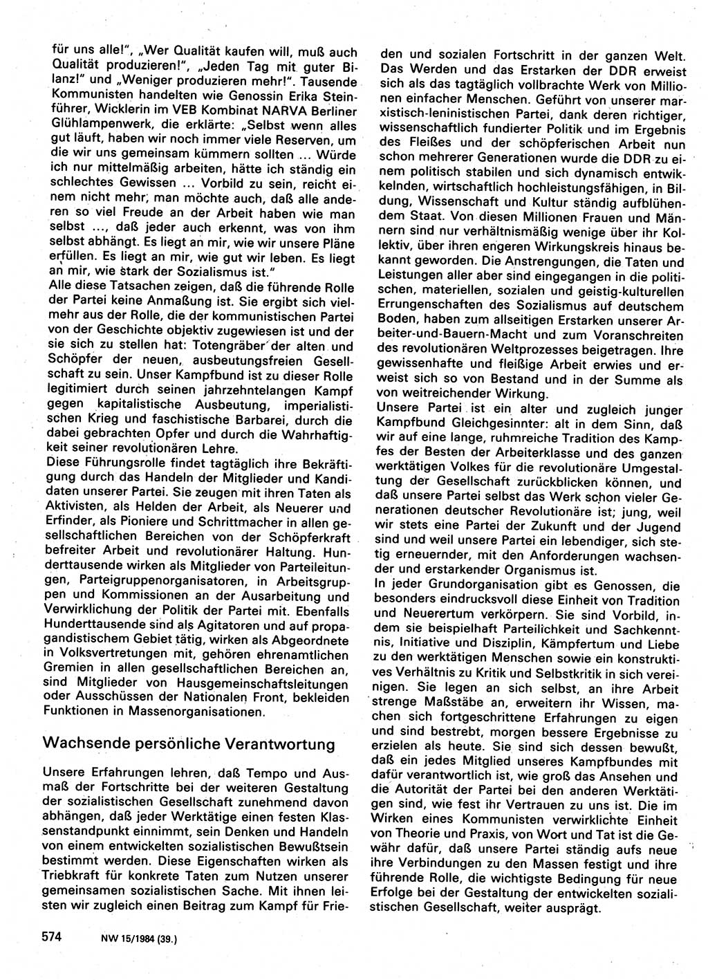Neuer Weg (NW), Organ des Zentralkomitees (ZK) der SED (Sozialistische Einheitspartei Deutschlands) für Fragen des Parteilebens, 39. Jahrgang [Deutsche Demokratische Republik (DDR)] 1984, Seite 574 (NW ZK SED DDR 1984, S. 574)