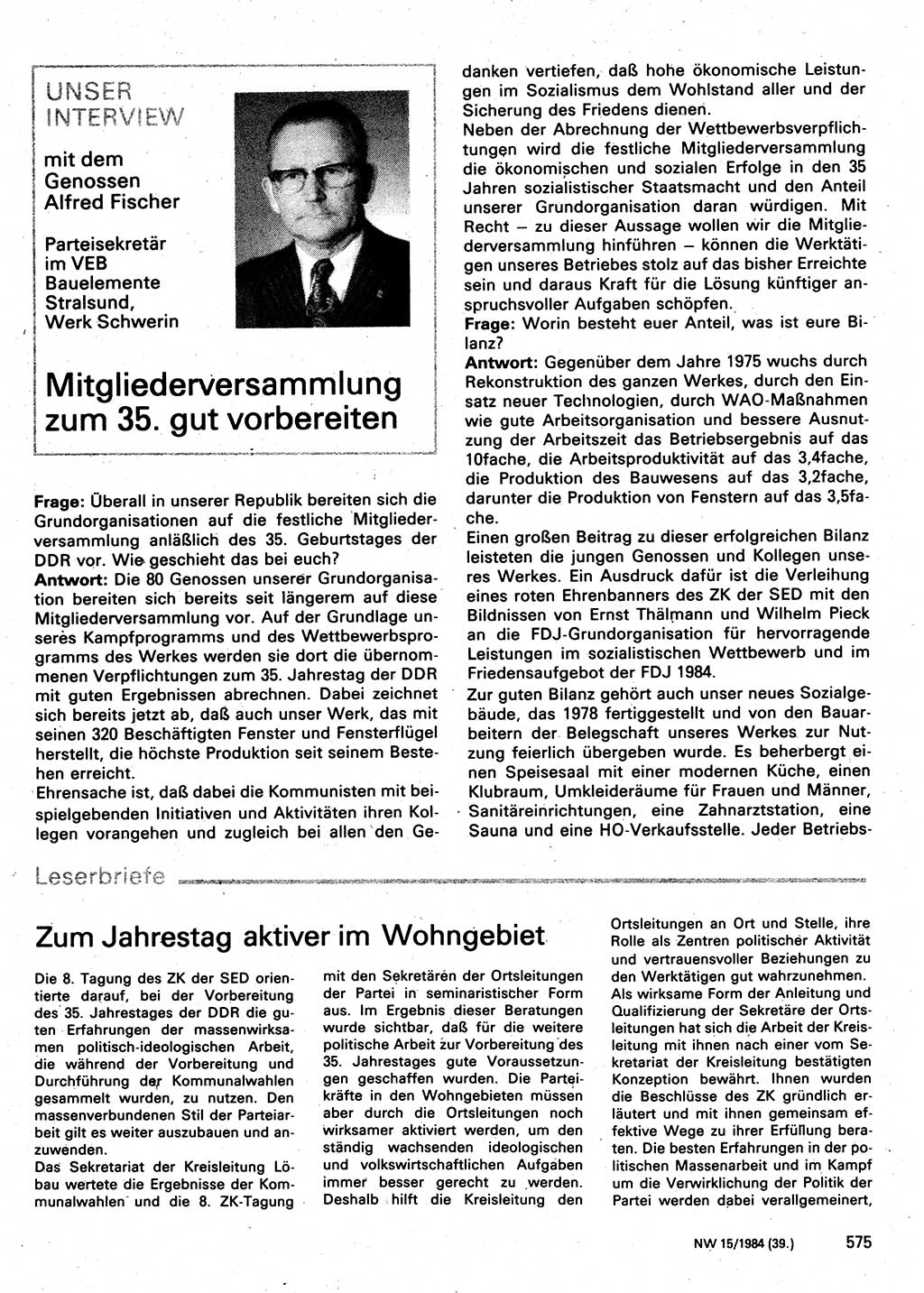 Neuer Weg (NW), Organ des Zentralkomitees (ZK) der SED (Sozialistische Einheitspartei Deutschlands) für Fragen des Parteilebens, 39. Jahrgang [Deutsche Demokratische Republik (DDR)] 1984, Seite 575 (NW ZK SED DDR 1984, S. 575)