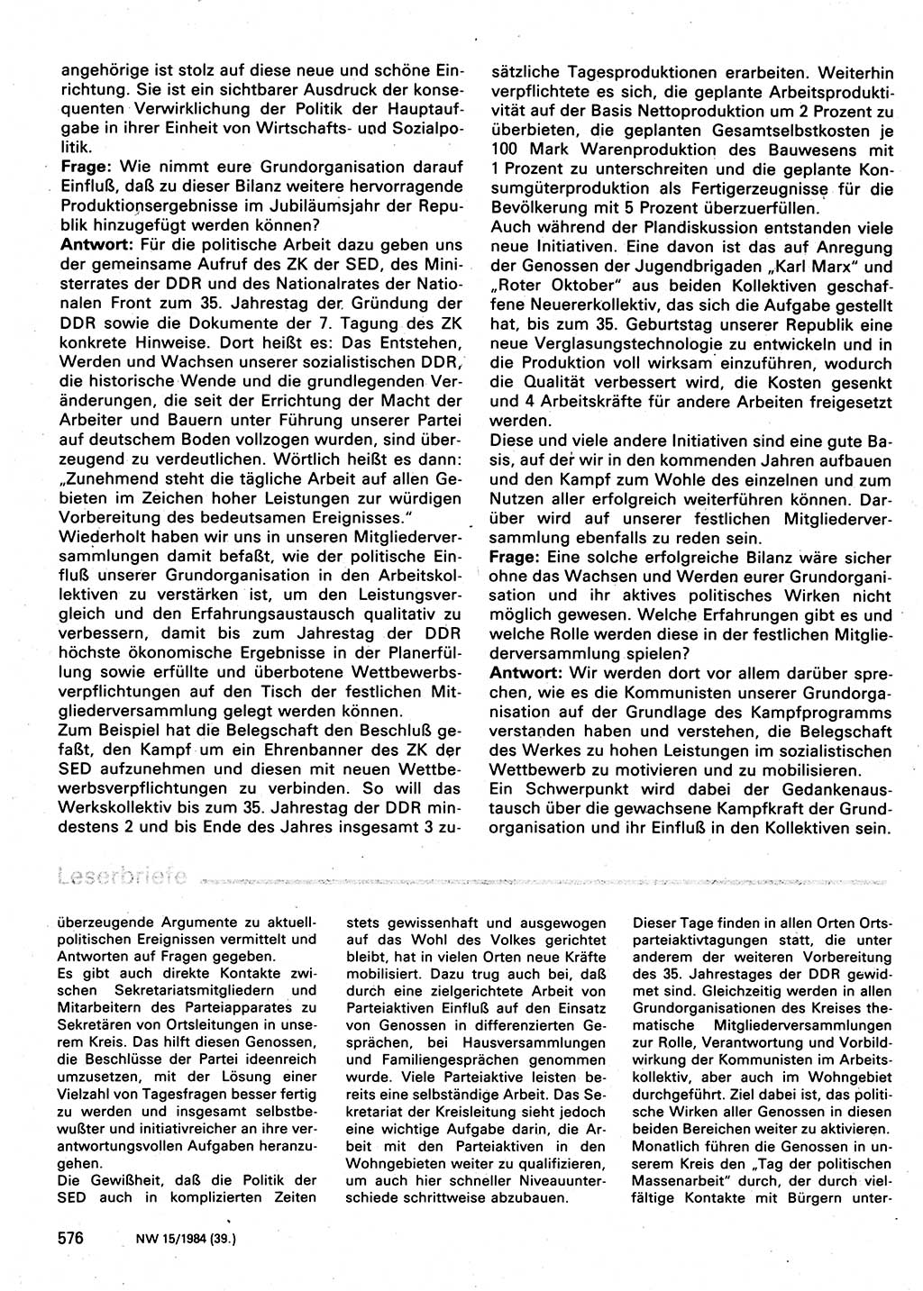 Neuer Weg (NW), Organ des Zentralkomitees (ZK) der SED (Sozialistische Einheitspartei Deutschlands) für Fragen des Parteilebens, 39. Jahrgang [Deutsche Demokratische Republik (DDR)] 1984, Seite 576 (NW ZK SED DDR 1984, S. 576)