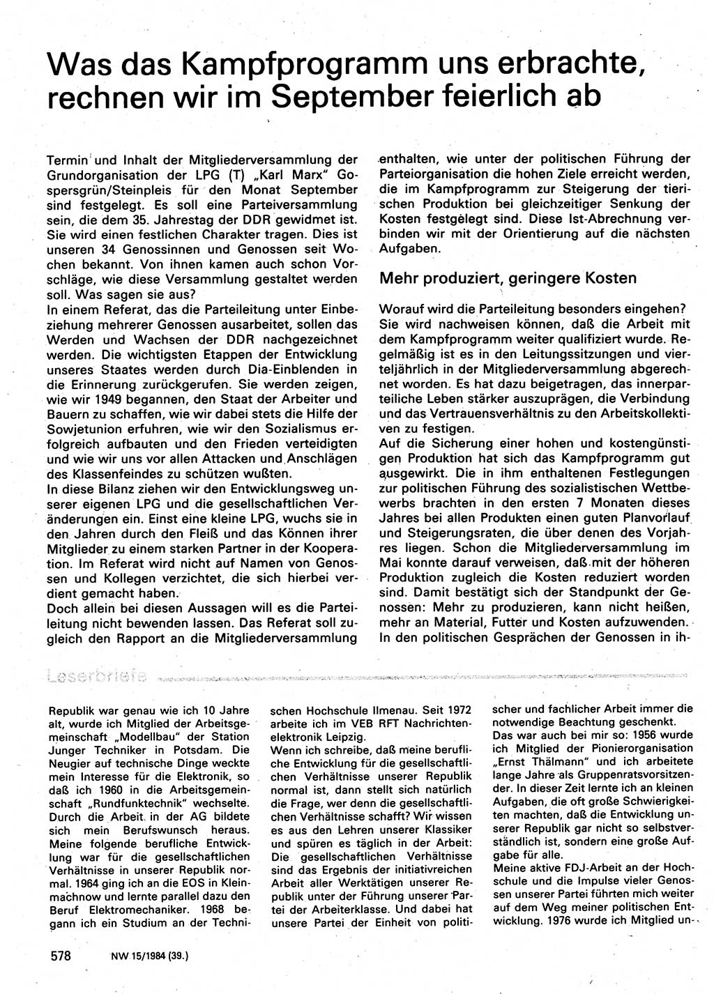 Neuer Weg (NW), Organ des Zentralkomitees (ZK) der SED (Sozialistische Einheitspartei Deutschlands) für Fragen des Parteilebens, 39. Jahrgang [Deutsche Demokratische Republik (DDR)] 1984, Seite 578 (NW ZK SED DDR 1984, S. 578)