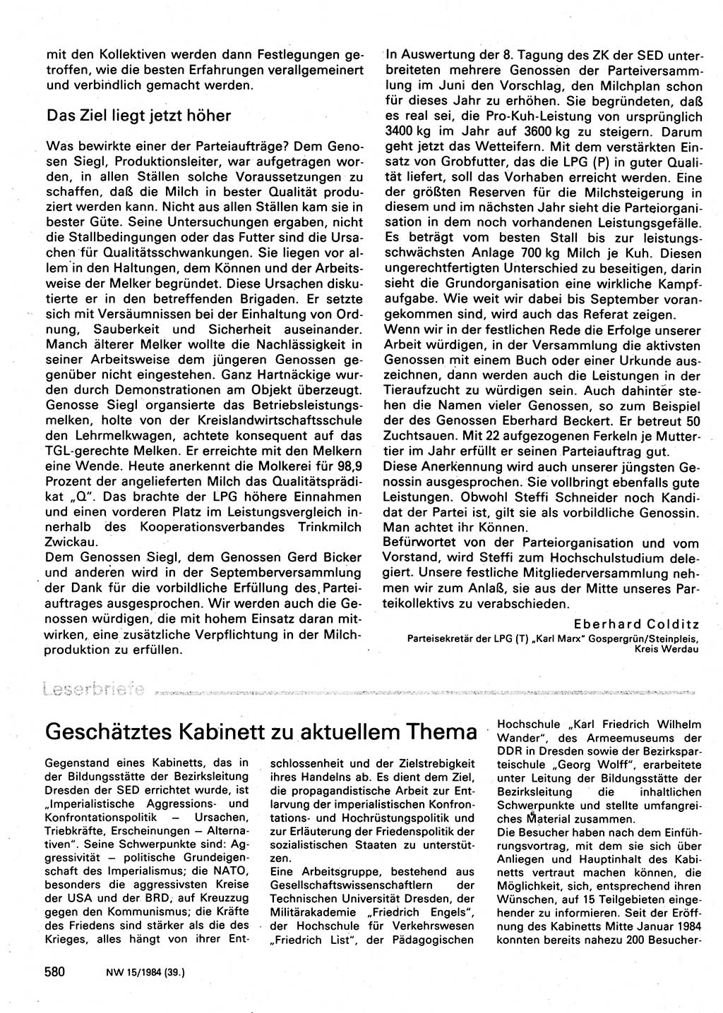 Neuer Weg (NW), Organ des Zentralkomitees (ZK) der SED (Sozialistische Einheitspartei Deutschlands) für Fragen des Parteilebens, 39. Jahrgang [Deutsche Demokratische Republik (DDR)] 1984, Seite 580 (NW ZK SED DDR 1984, S. 580)