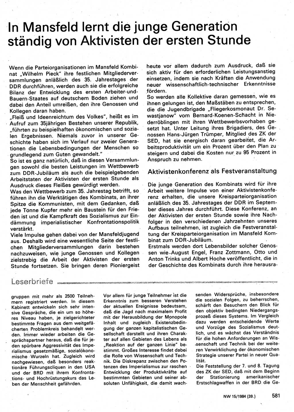 Neuer Weg (NW), Organ des Zentralkomitees (ZK) der SED (Sozialistische Einheitspartei Deutschlands) für Fragen des Parteilebens, 39. Jahrgang [Deutsche Demokratische Republik (DDR)] 1984, Seite 581 (NW ZK SED DDR 1984, S. 581)
