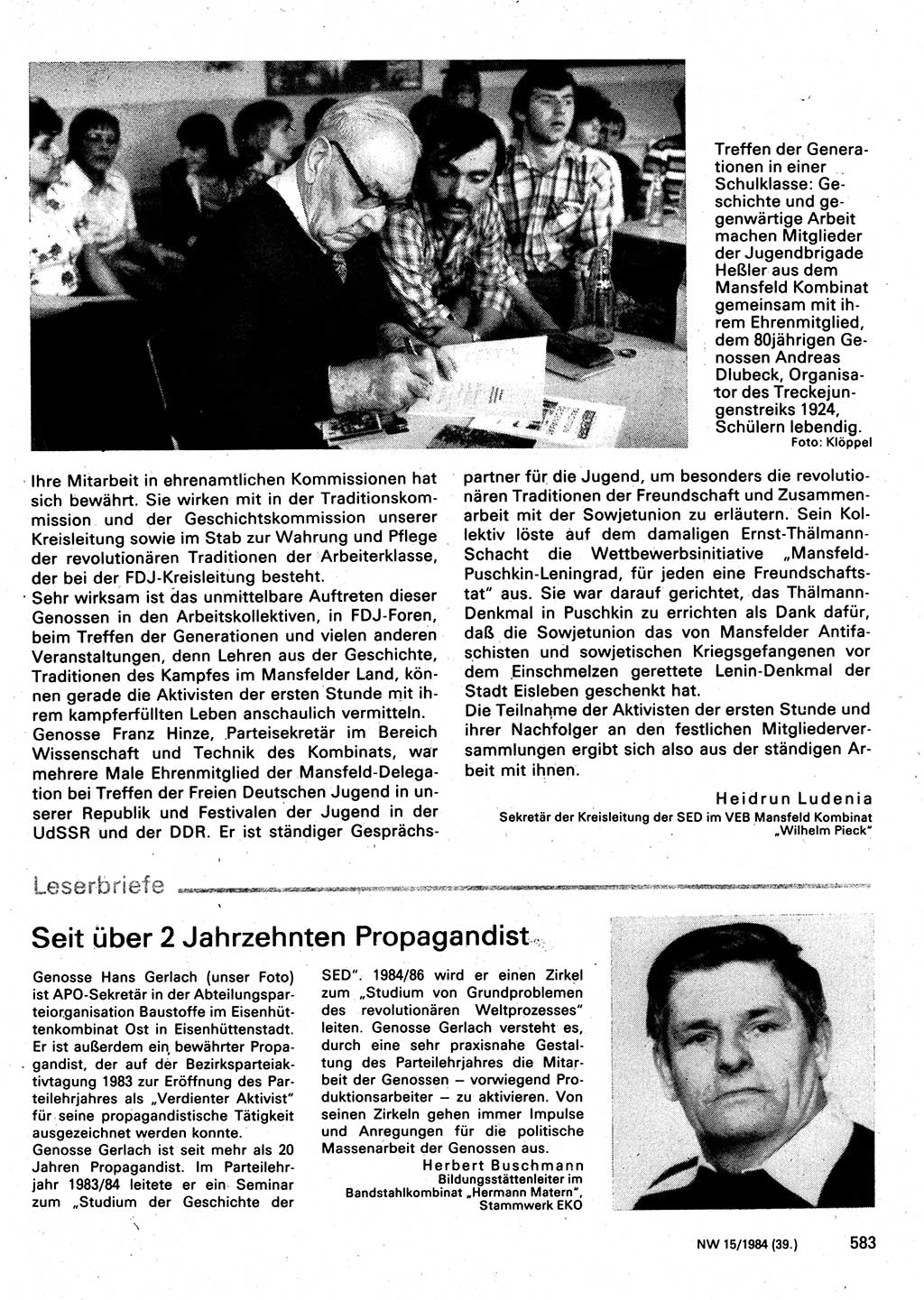 Neuer Weg (NW), Organ des Zentralkomitees (ZK) der SED (Sozialistische Einheitspartei Deutschlands) für Fragen des Parteilebens, 39. Jahrgang [Deutsche Demokratische Republik (DDR)] 1984, Seite 583 (NW ZK SED DDR 1984, S. 583)