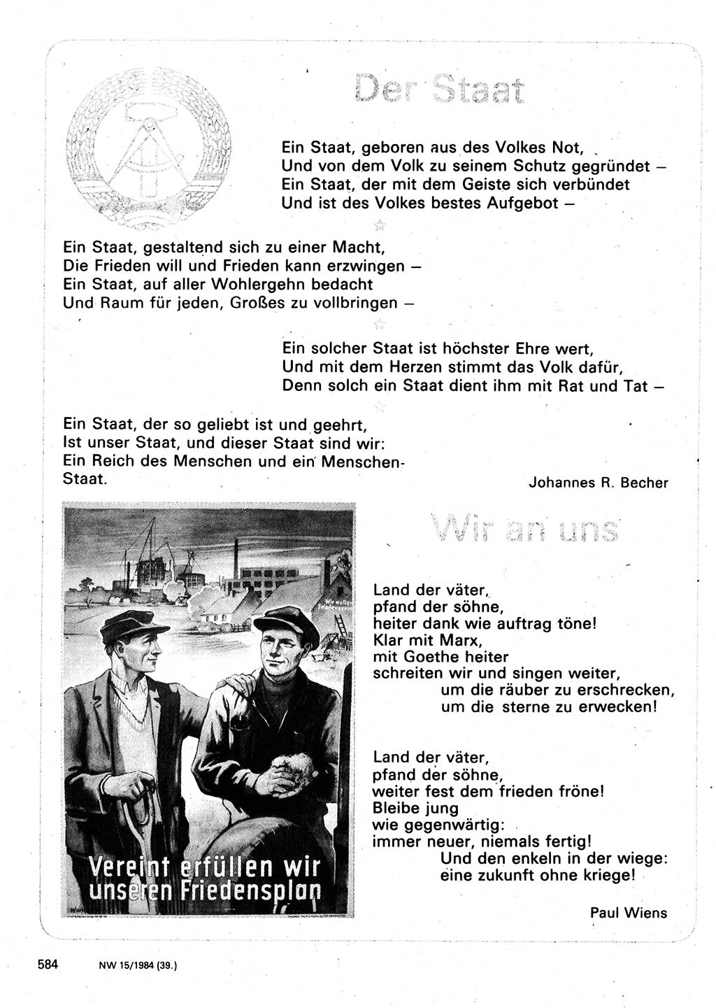 Neuer Weg (NW), Organ des Zentralkomitees (ZK) der SED (Sozialistische Einheitspartei Deutschlands) für Fragen des Parteilebens, 39. Jahrgang [Deutsche Demokratische Republik (DDR)] 1984, Seite 584 (NW ZK SED DDR 1984, S. 584)