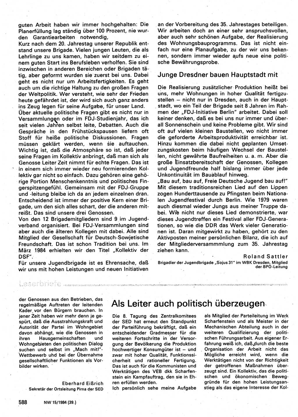 Neuer Weg (NW), Organ des Zentralkomitees (ZK) der SED (Sozialistische Einheitspartei Deutschlands) für Fragen des Parteilebens, 39. Jahrgang [Deutsche Demokratische Republik (DDR)] 1984, Seite 588 (NW ZK SED DDR 1984, S. 588)