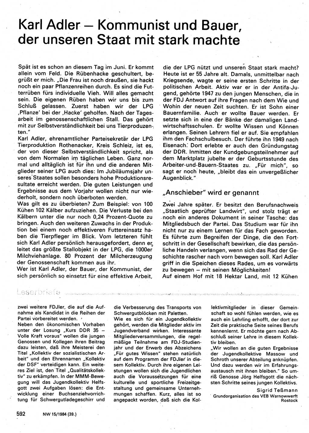 Neuer Weg (NW), Organ des Zentralkomitees (ZK) der SED (Sozialistische Einheitspartei Deutschlands) für Fragen des Parteilebens, 39. Jahrgang [Deutsche Demokratische Republik (DDR)] 1984, Seite 592 (NW ZK SED DDR 1984, S. 592)