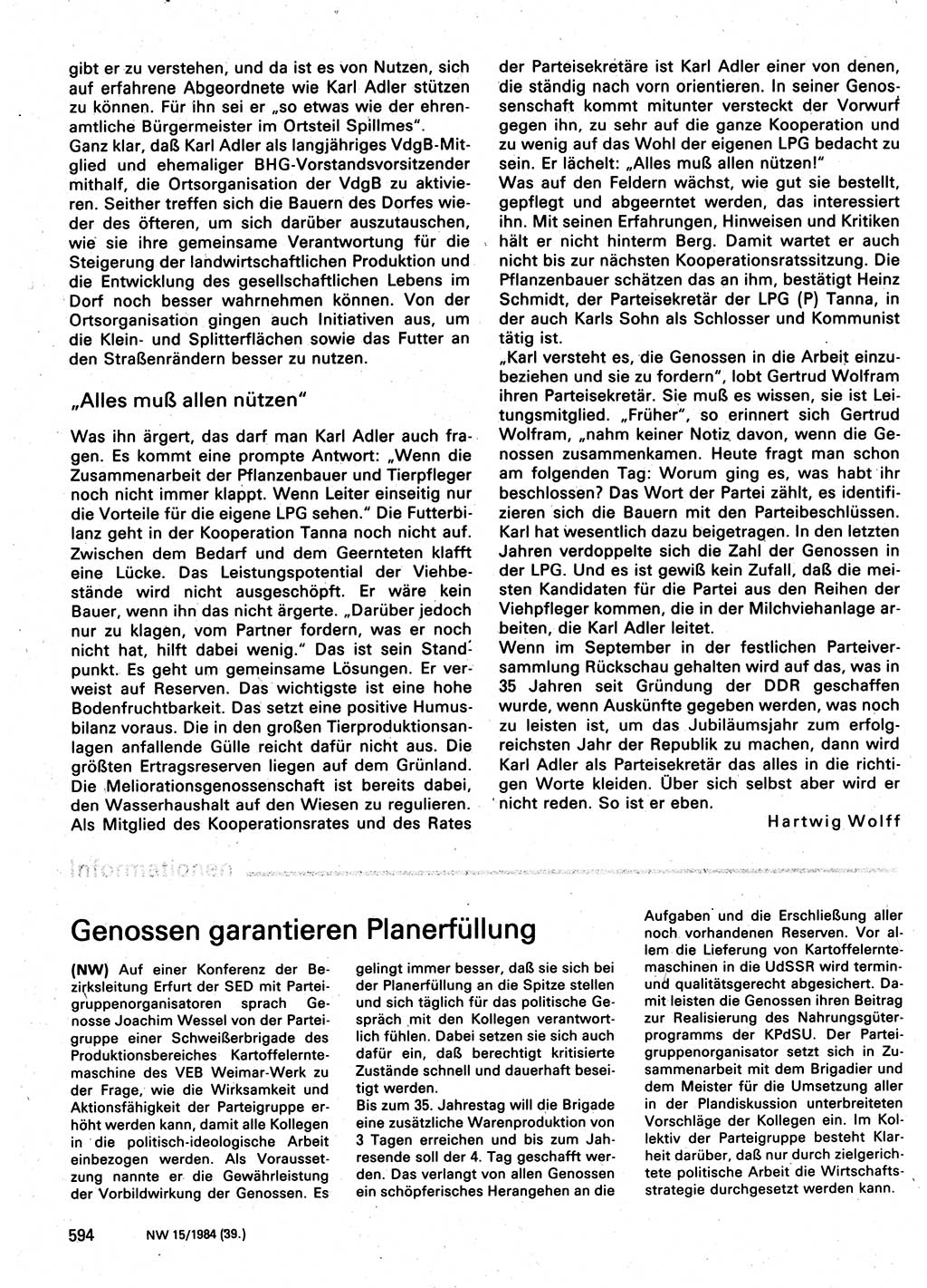 Neuer Weg (NW), Organ des Zentralkomitees (ZK) der SED (Sozialistische Einheitspartei Deutschlands) für Fragen des Parteilebens, 39. Jahrgang [Deutsche Demokratische Republik (DDR)] 1984, Seite 594 (NW ZK SED DDR 1984, S. 594)