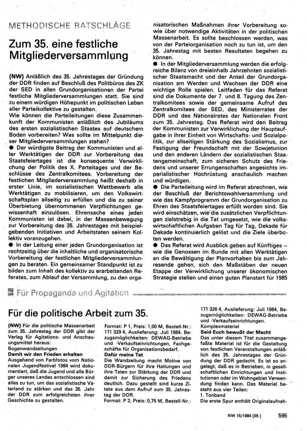 Neuer Weg (NW), Organ des Zentralkomitees (ZK) der SED (Sozialistische Einheitspartei Deutschlands) für Fragen des Parteilebens, 39. Jahrgang [Deutsche Demokratische Republik (DDR)] 1984, Seite 595 (NW ZK SED DDR 1984, S. 595)