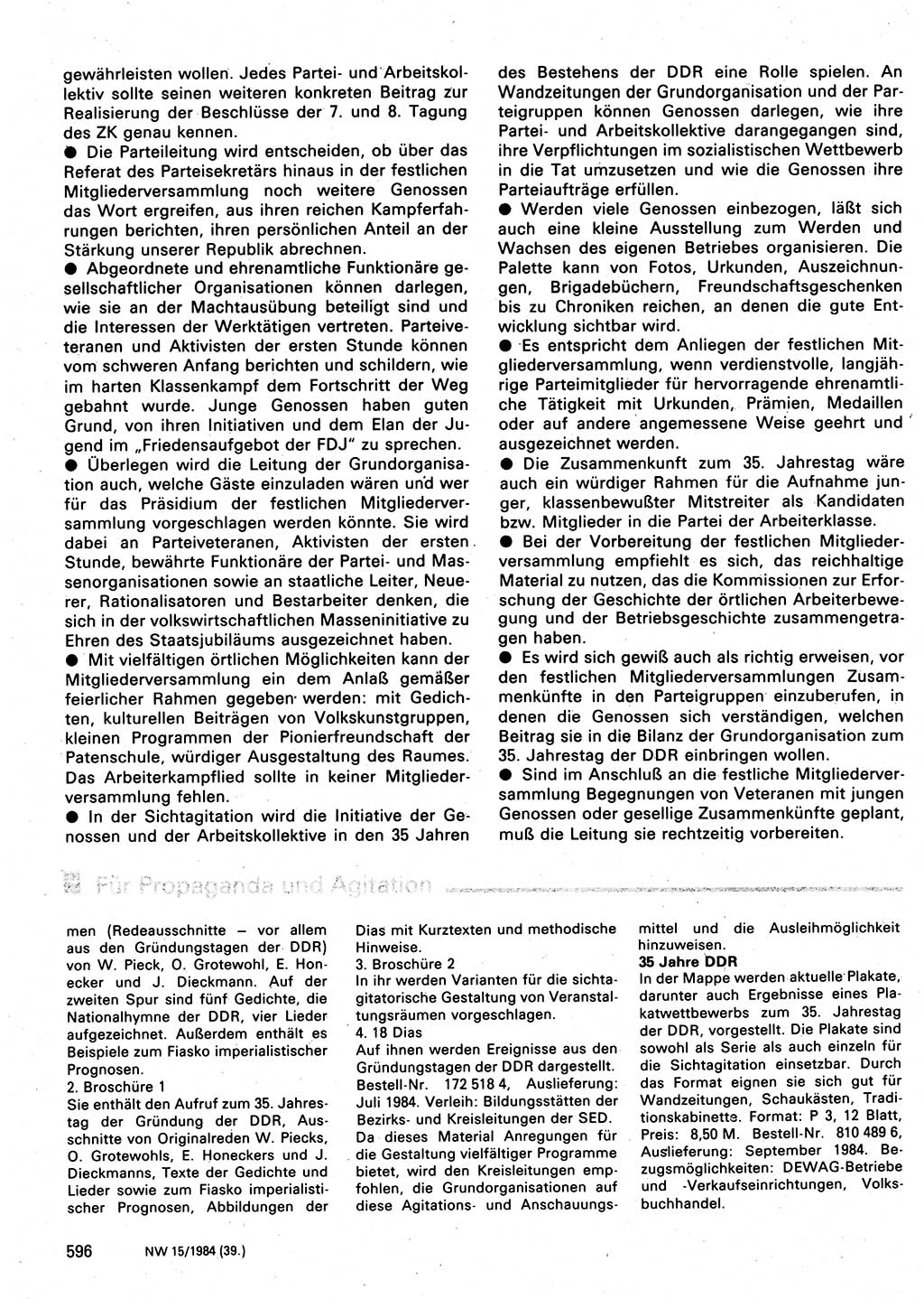 Neuer Weg (NW), Organ des Zentralkomitees (ZK) der SED (Sozialistische Einheitspartei Deutschlands) für Fragen des Parteilebens, 39. Jahrgang [Deutsche Demokratische Republik (DDR)] 1984, Seite 596 (NW ZK SED DDR 1984, S. 596)