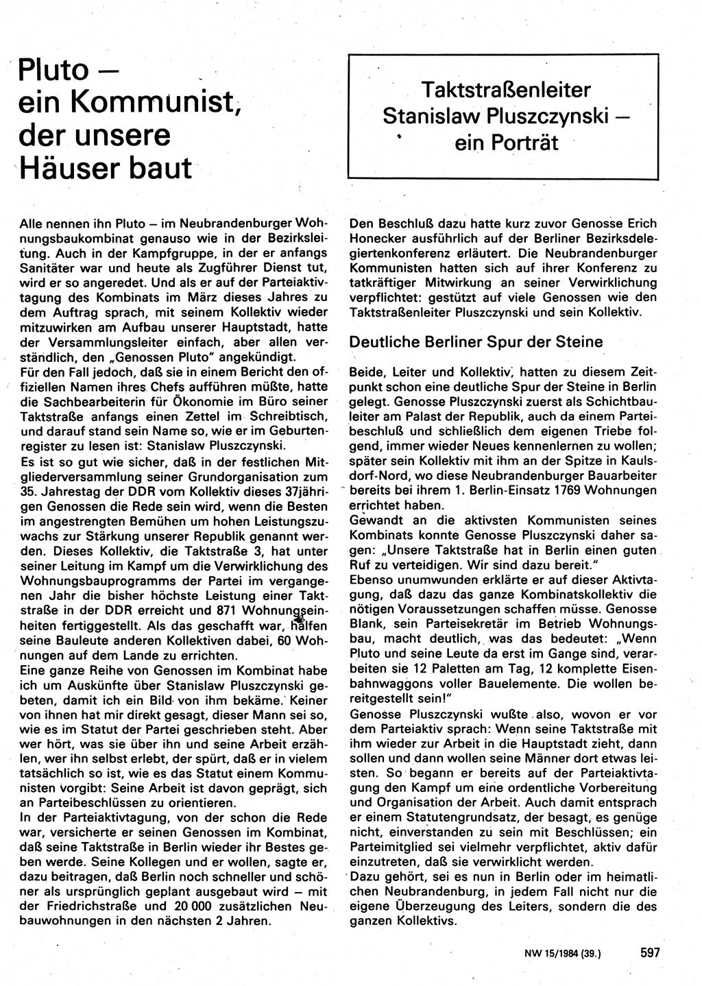 Neuer Weg (NW), Organ des Zentralkomitees (ZK) der SED (Sozialistische Einheitspartei Deutschlands) für Fragen des Parteilebens, 39. Jahrgang [Deutsche Demokratische Republik (DDR)] 1984, Seite 597 (NW ZK SED DDR 1984, S. 597)