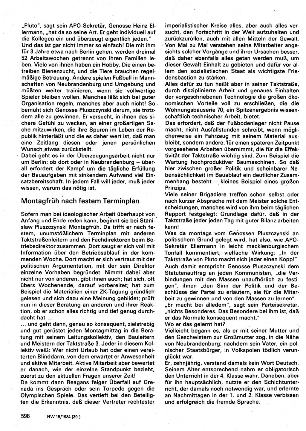 Neuer Weg (NW), Organ des Zentralkomitees (ZK) der SED (Sozialistische Einheitspartei Deutschlands) für Fragen des Parteilebens, 39. Jahrgang [Deutsche Demokratische Republik (DDR)] 1984, Seite 598 (NW ZK SED DDR 1984, S. 598)