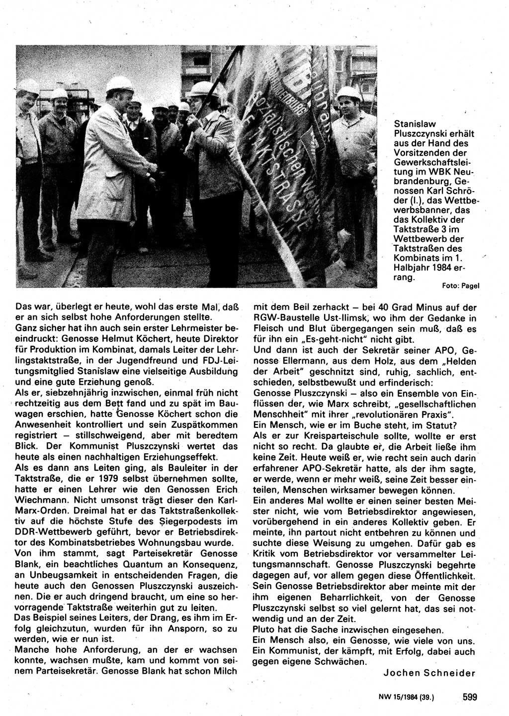 Neuer Weg (NW), Organ des Zentralkomitees (ZK) der SED (Sozialistische Einheitspartei Deutschlands) für Fragen des Parteilebens, 39. Jahrgang [Deutsche Demokratische Republik (DDR)] 1984, Seite 599 (NW ZK SED DDR 1984, S. 599)