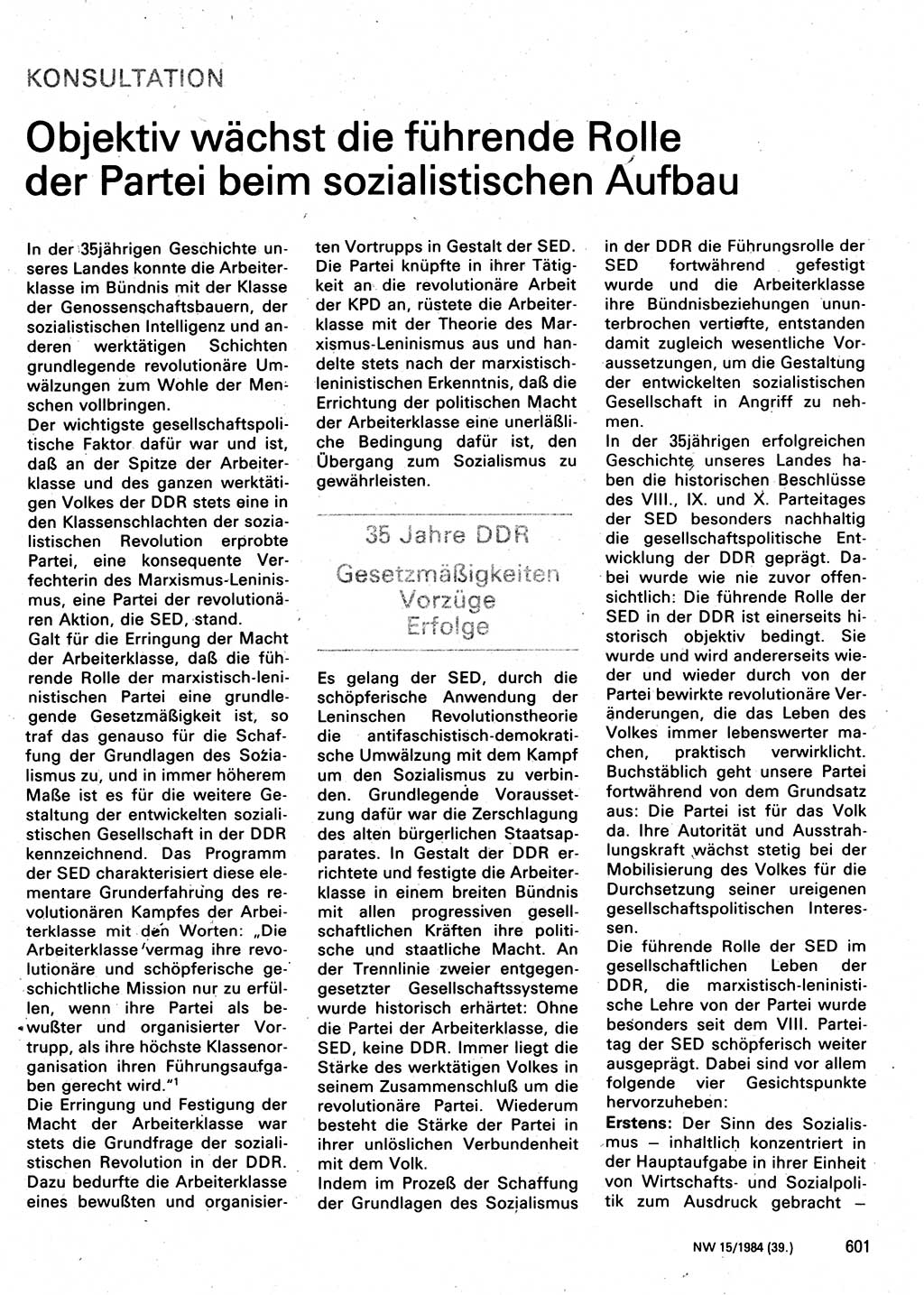 Neuer Weg (NW), Organ des Zentralkomitees (ZK) der SED (Sozialistische Einheitspartei Deutschlands) für Fragen des Parteilebens, 39. Jahrgang [Deutsche Demokratische Republik (DDR)] 1984, Seite 601 (NW ZK SED DDR 1984, S. 601)