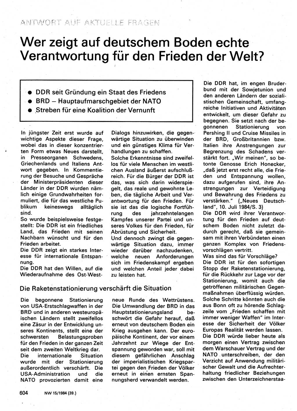 Neuer Weg (NW), Organ des Zentralkomitees (ZK) der SED (Sozialistische Einheitspartei Deutschlands) für Fragen des Parteilebens, 39. Jahrgang [Deutsche Demokratische Republik (DDR)] 1984, Seite 604 (NW ZK SED DDR 1984, S. 604)