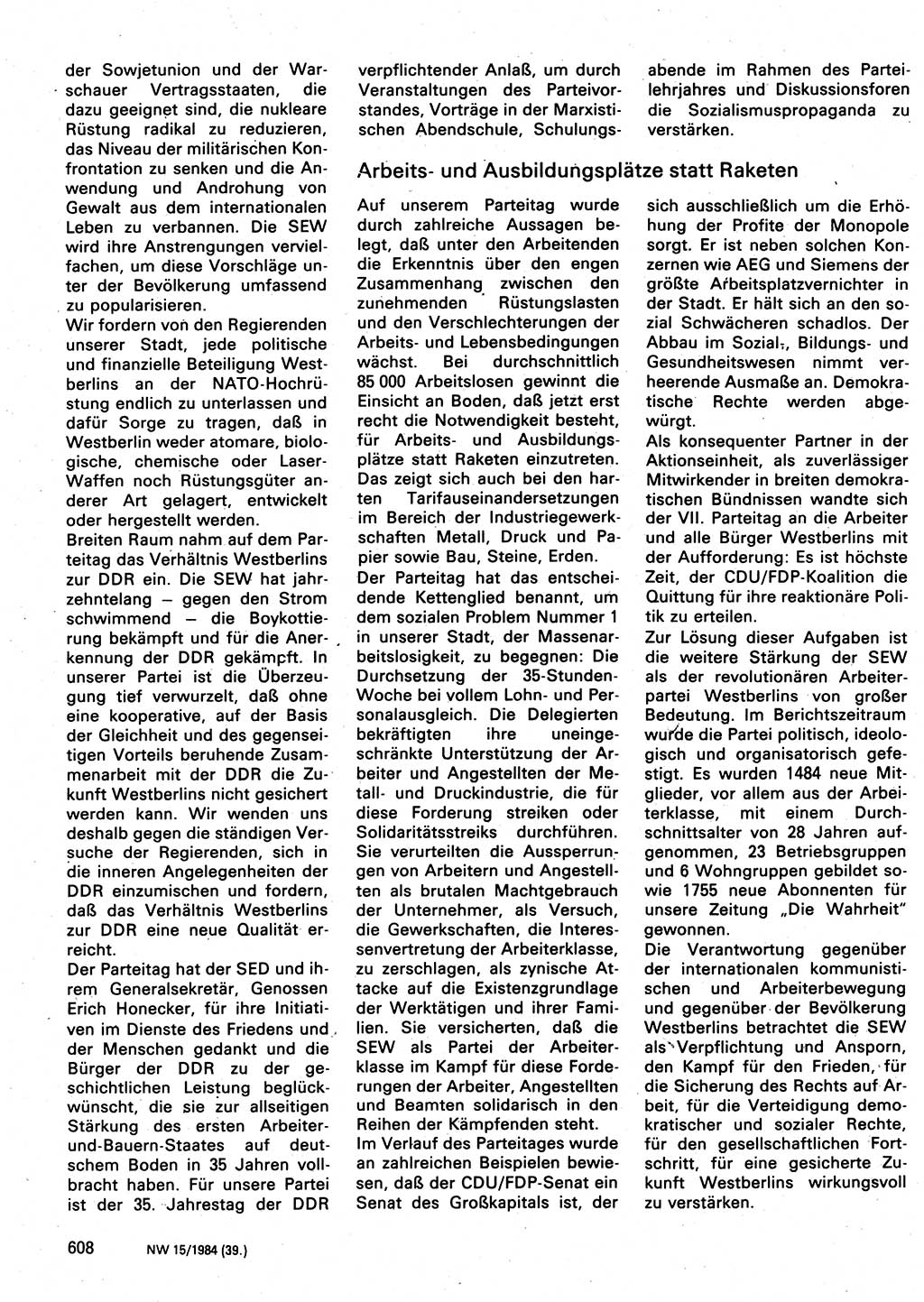 Neuer Weg (NW), Organ des Zentralkomitees (ZK) der SED (Sozialistische Einheitspartei Deutschlands) für Fragen des Parteilebens, 39. Jahrgang [Deutsche Demokratische Republik (DDR)] 1984, Seite 608 (NW ZK SED DDR 1984, S. 608)