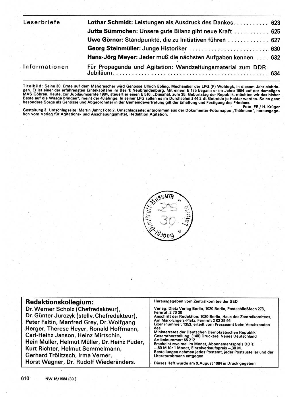 Neuer Weg (NW), Organ des Zentralkomitees (ZK) der SED (Sozialistische Einheitspartei Deutschlands) für Fragen des Parteilebens, 39. Jahrgang [Deutsche Demokratische Republik (DDR)] 1984, Seite 610 (NW ZK SED DDR 1984, S. 610)