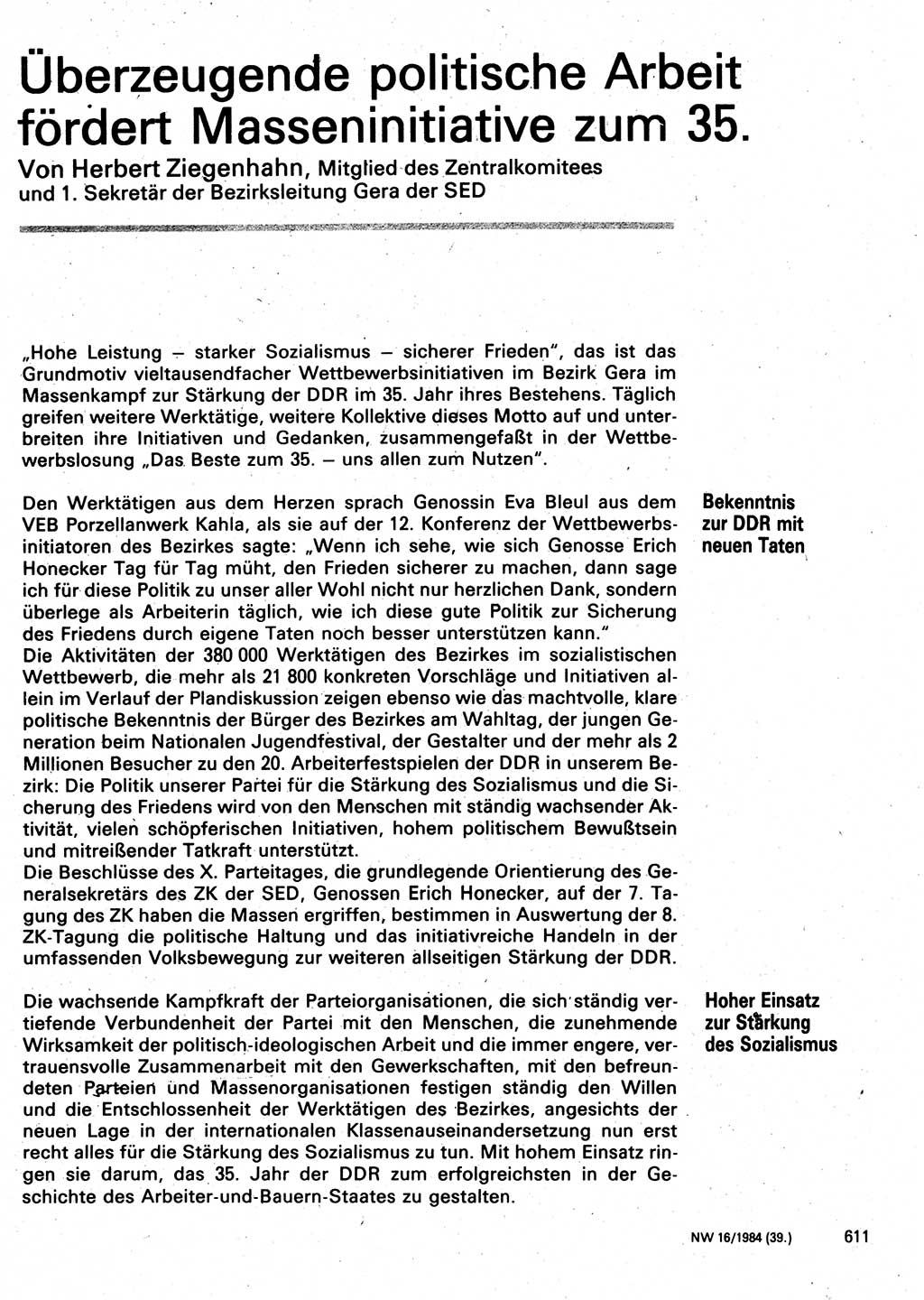 Neuer Weg (NW), Organ des Zentralkomitees (ZK) der SED (Sozialistische Einheitspartei Deutschlands) für Fragen des Parteilebens, 39. Jahrgang [Deutsche Demokratische Republik (DDR)] 1984, Seite 611 (NW ZK SED DDR 1984, S. 611)