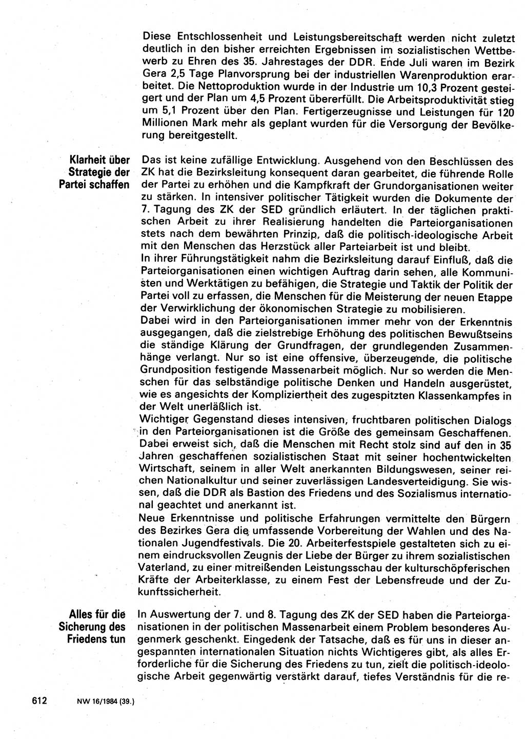 Neuer Weg (NW), Organ des Zentralkomitees (ZK) der SED (Sozialistische Einheitspartei Deutschlands) für Fragen des Parteilebens, 39. Jahrgang [Deutsche Demokratische Republik (DDR)] 1984, Seite 612 (NW ZK SED DDR 1984, S. 612)