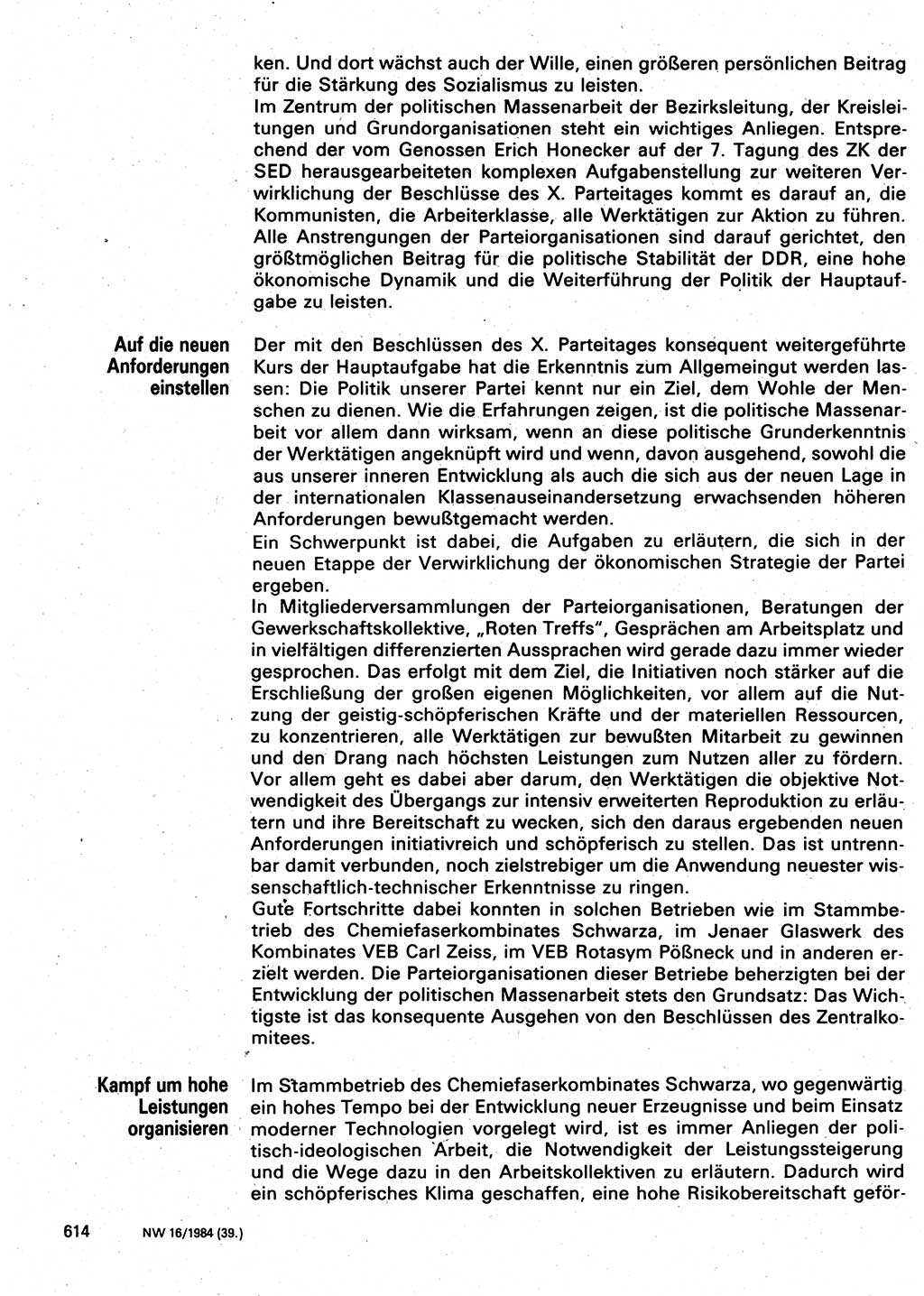 Neuer Weg (NW), Organ des Zentralkomitees (ZK) der SED (Sozialistische Einheitspartei Deutschlands) für Fragen des Parteilebens, 39. Jahrgang [Deutsche Demokratische Republik (DDR)] 1984, Seite 614 (NW ZK SED DDR 1984, S. 614)