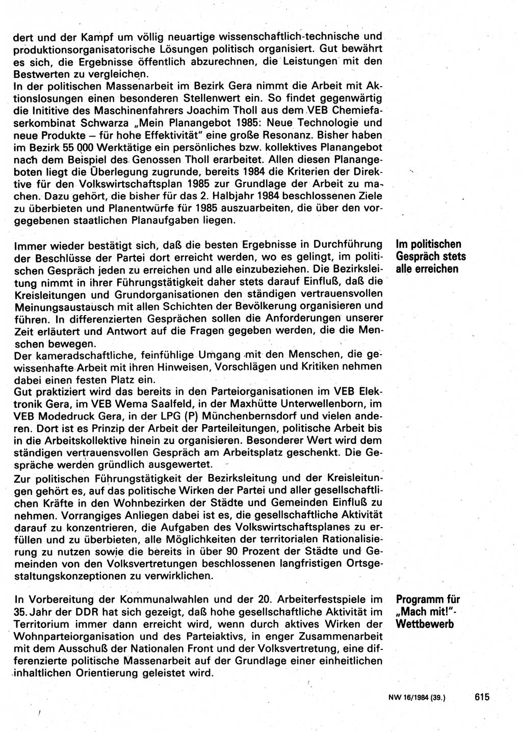 Neuer Weg (NW), Organ des Zentralkomitees (ZK) der SED (Sozialistische Einheitspartei Deutschlands) für Fragen des Parteilebens, 39. Jahrgang [Deutsche Demokratische Republik (DDR)] 1984, Seite 615 (NW ZK SED DDR 1984, S. 615)