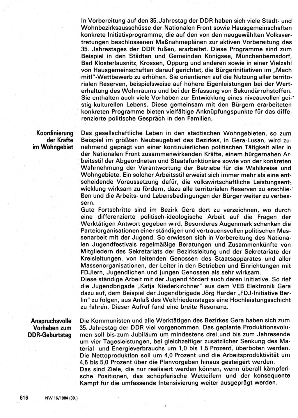 Neuer Weg (NW), Organ des Zentralkomitees (ZK) der SED (Sozialistische Einheitspartei Deutschlands) für Fragen des Parteilebens, 39. Jahrgang [Deutsche Demokratische Republik (DDR)] 1984, Seite 616 (NW ZK SED DDR 1984, S. 616)