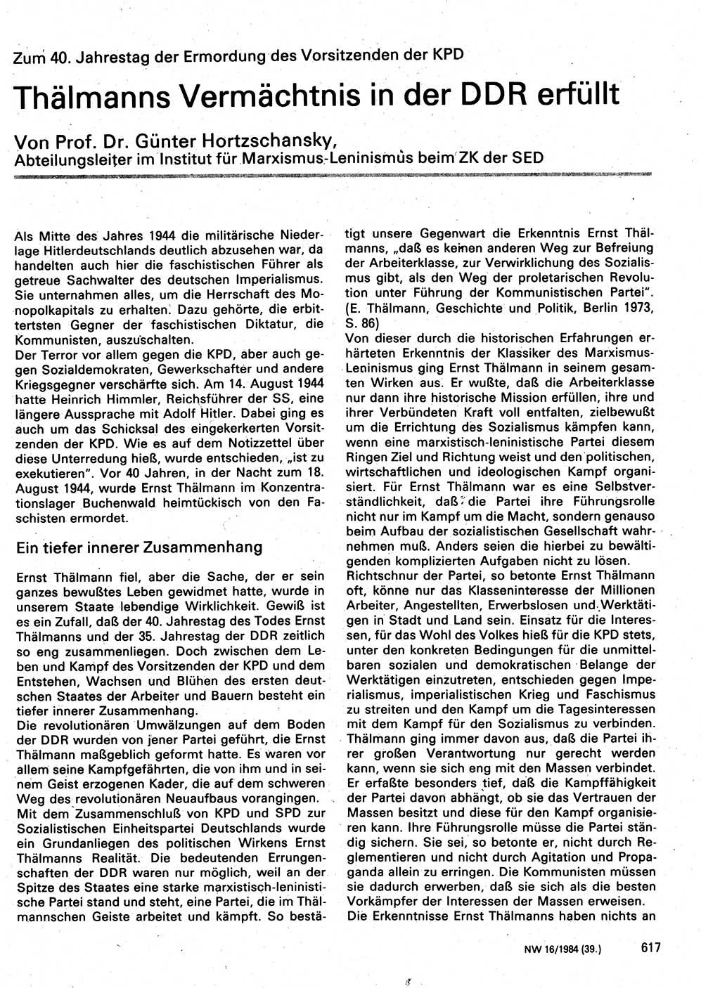 Neuer Weg (NW), Organ des Zentralkomitees (ZK) der SED (Sozialistische Einheitspartei Deutschlands) für Fragen des Parteilebens, 39. Jahrgang [Deutsche Demokratische Republik (DDR)] 1984, Seite 617 (NW ZK SED DDR 1984, S. 617)