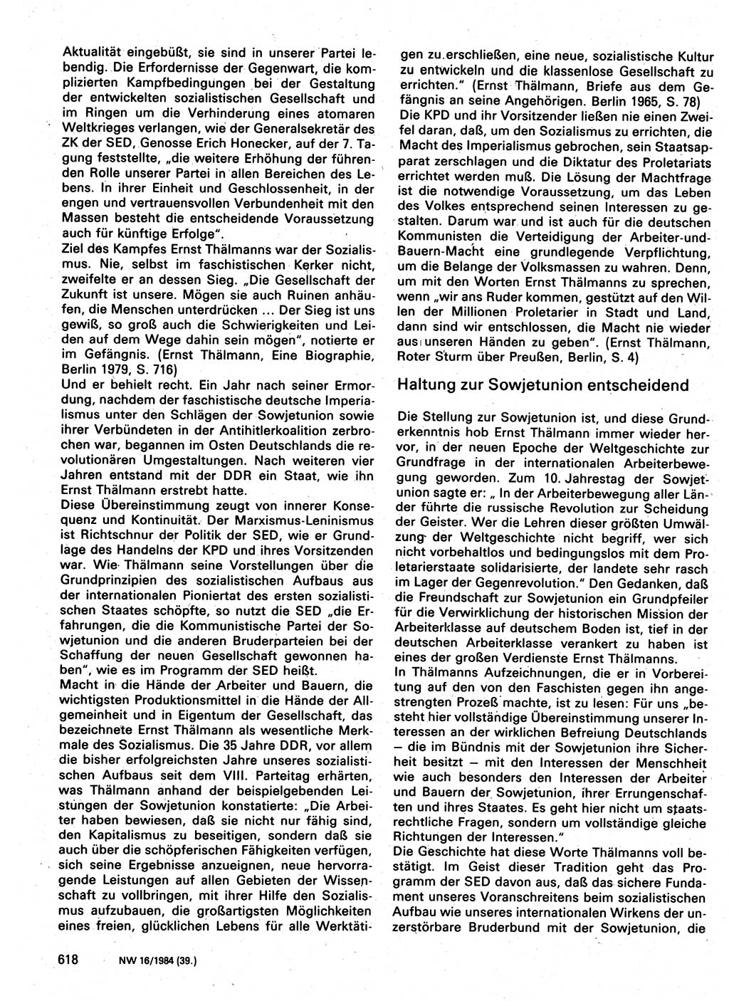 Neuer Weg (NW), Organ des Zentralkomitees (ZK) der SED (Sozialistische Einheitspartei Deutschlands) für Fragen des Parteilebens, 39. Jahrgang [Deutsche Demokratische Republik (DDR)] 1984, Seite 618 (NW ZK SED DDR 1984, S. 618)