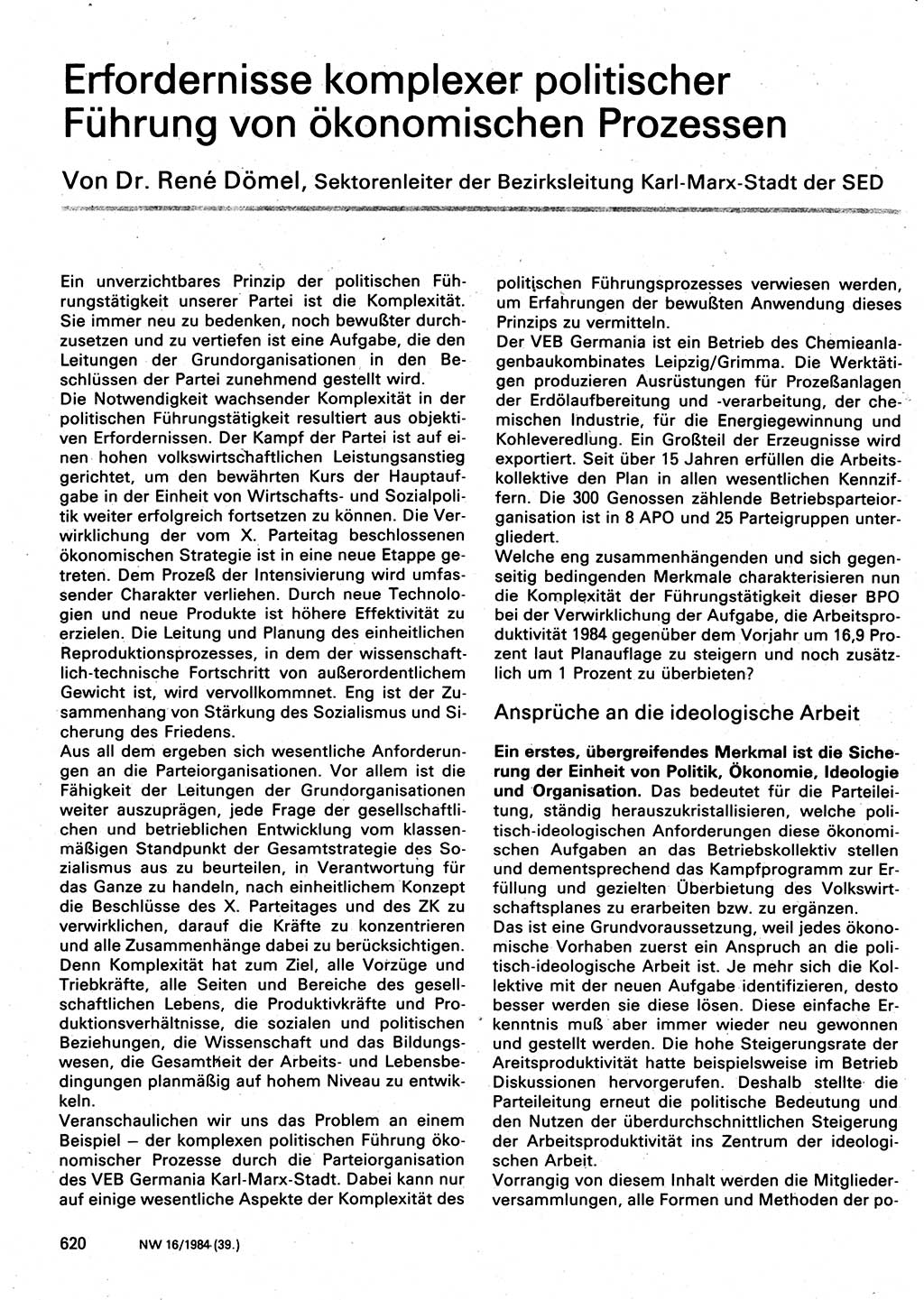 Neuer Weg (NW), Organ des Zentralkomitees (ZK) der SED (Sozialistische Einheitspartei Deutschlands) für Fragen des Parteilebens, 39. Jahrgang [Deutsche Demokratische Republik (DDR)] 1984, Seite 620 (NW ZK SED DDR 1984, S. 620)