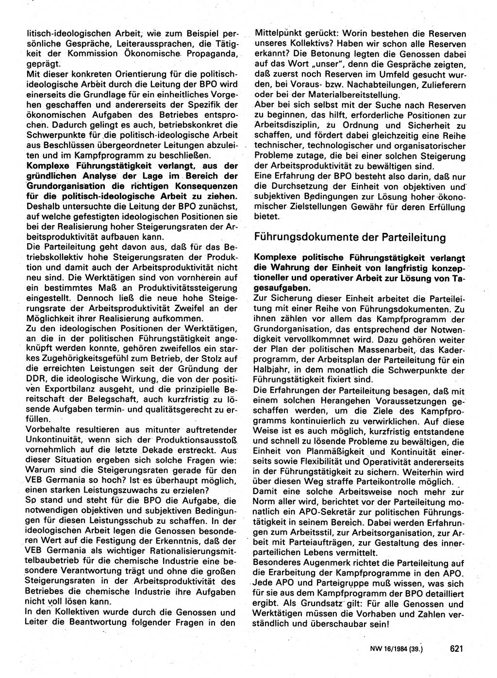 Neuer Weg (NW), Organ des Zentralkomitees (ZK) der SED (Sozialistische Einheitspartei Deutschlands) für Fragen des Parteilebens, 39. Jahrgang [Deutsche Demokratische Republik (DDR)] 1984, Seite 621 (NW ZK SED DDR 1984, S. 621)