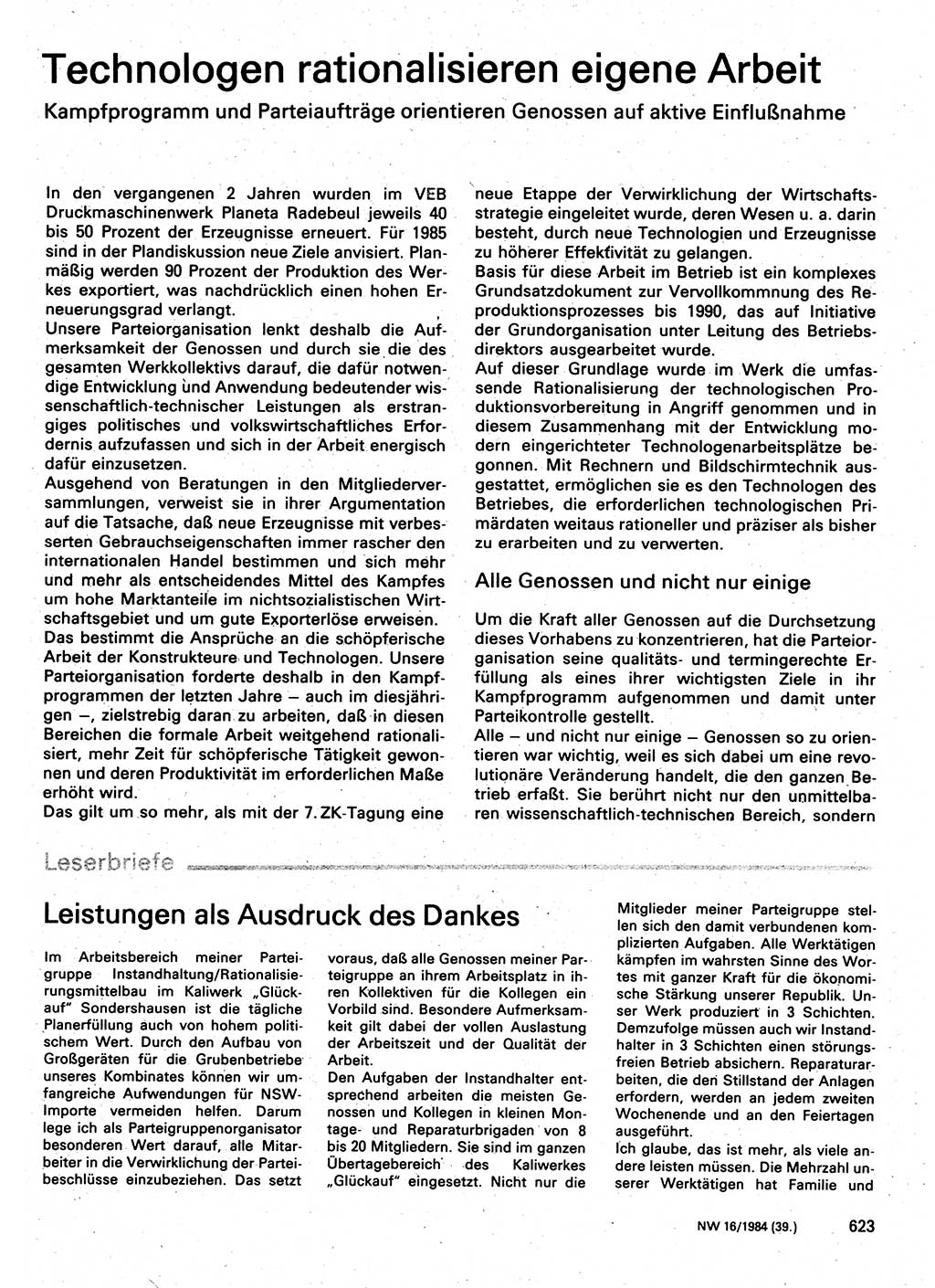 Neuer Weg (NW), Organ des Zentralkomitees (ZK) der SED (Sozialistische Einheitspartei Deutschlands) für Fragen des Parteilebens, 39. Jahrgang [Deutsche Demokratische Republik (DDR)] 1984, Seite 623 (NW ZK SED DDR 1984, S. 623)