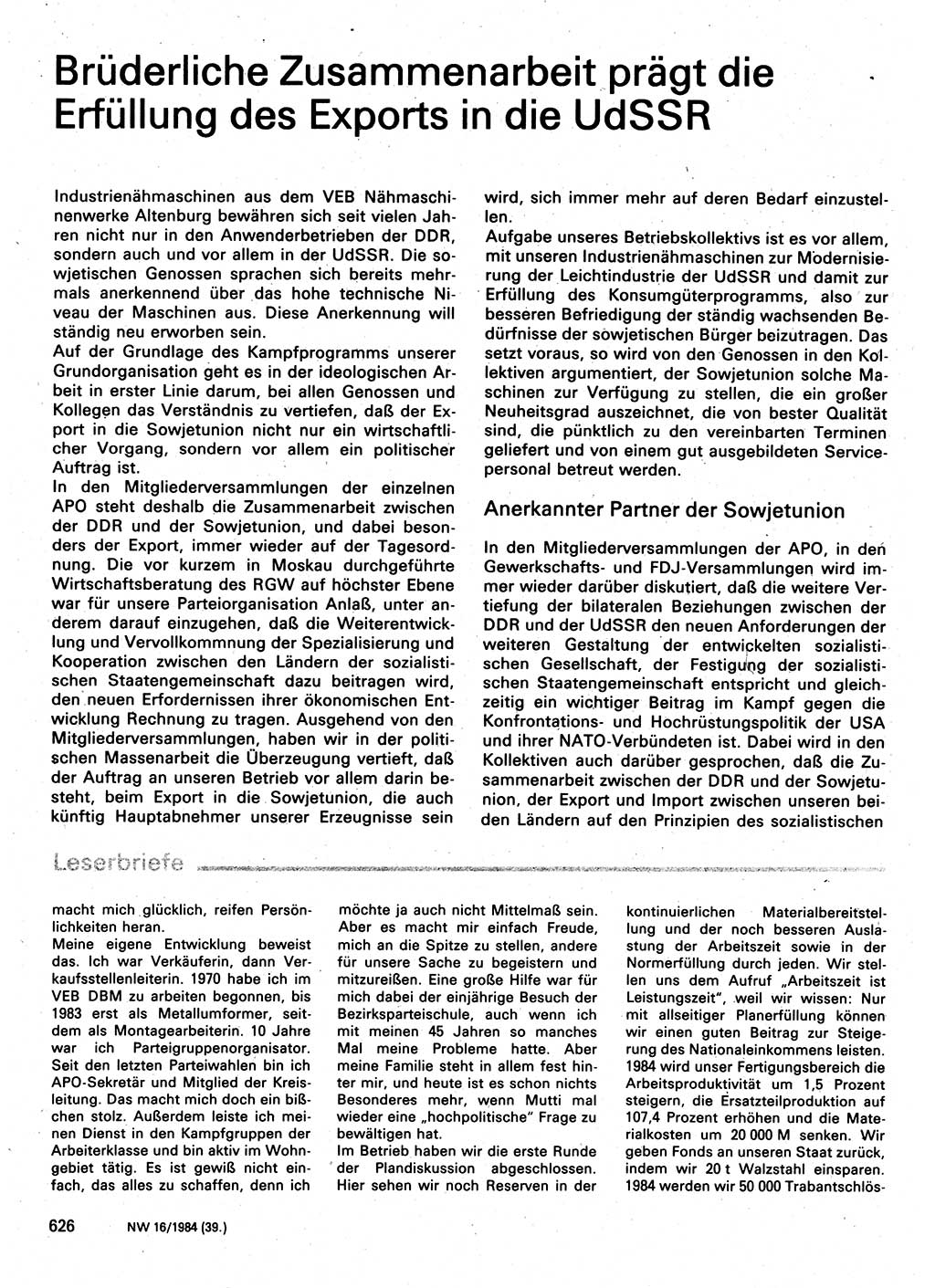 Neuer Weg (NW), Organ des Zentralkomitees (ZK) der SED (Sozialistische Einheitspartei Deutschlands) für Fragen des Parteilebens, 39. Jahrgang [Deutsche Demokratische Republik (DDR)] 1984, Seite 626 (NW ZK SED DDR 1984, S. 626)