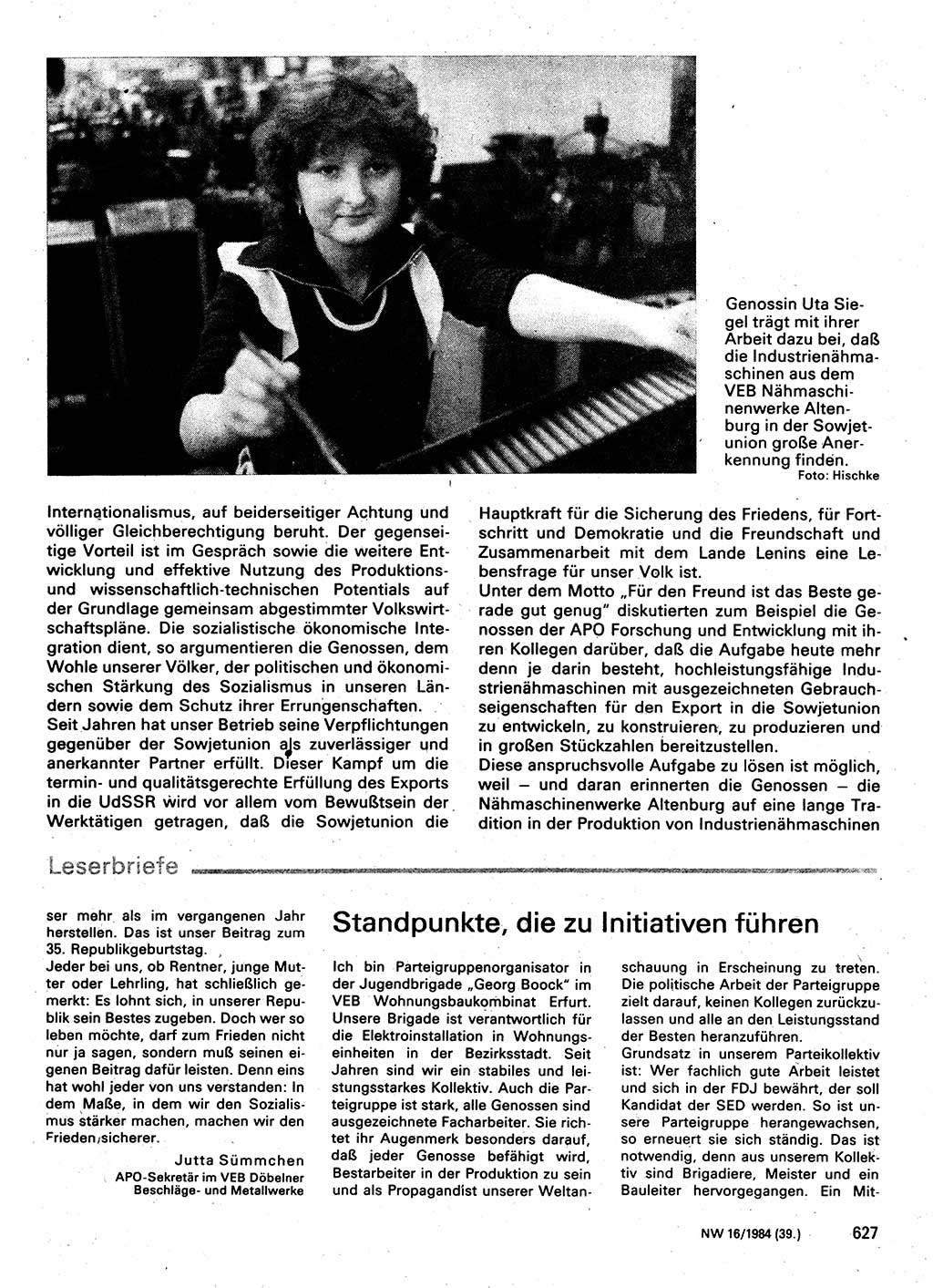 Neuer Weg (NW), Organ des Zentralkomitees (ZK) der SED (Sozialistische Einheitspartei Deutschlands) für Fragen des Parteilebens, 39. Jahrgang [Deutsche Demokratische Republik (DDR)] 1984, Seite 627 (NW ZK SED DDR 1984, S. 627)