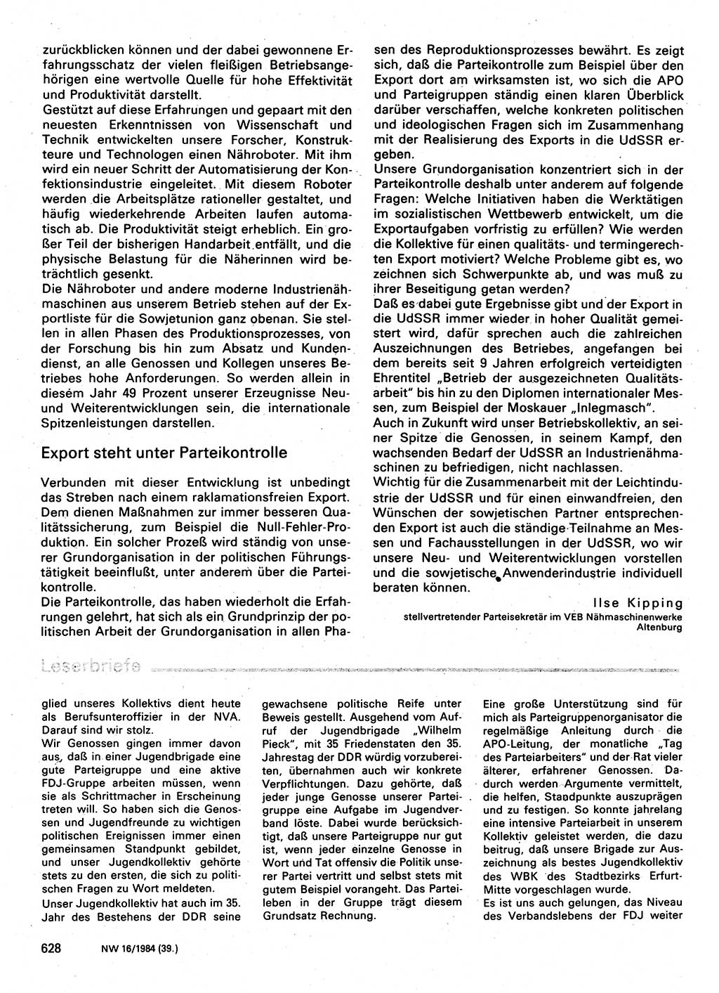 Neuer Weg (NW), Organ des Zentralkomitees (ZK) der SED (Sozialistische Einheitspartei Deutschlands) für Fragen des Parteilebens, 39. Jahrgang [Deutsche Demokratische Republik (DDR)] 1984, Seite 628 (NW ZK SED DDR 1984, S. 628)