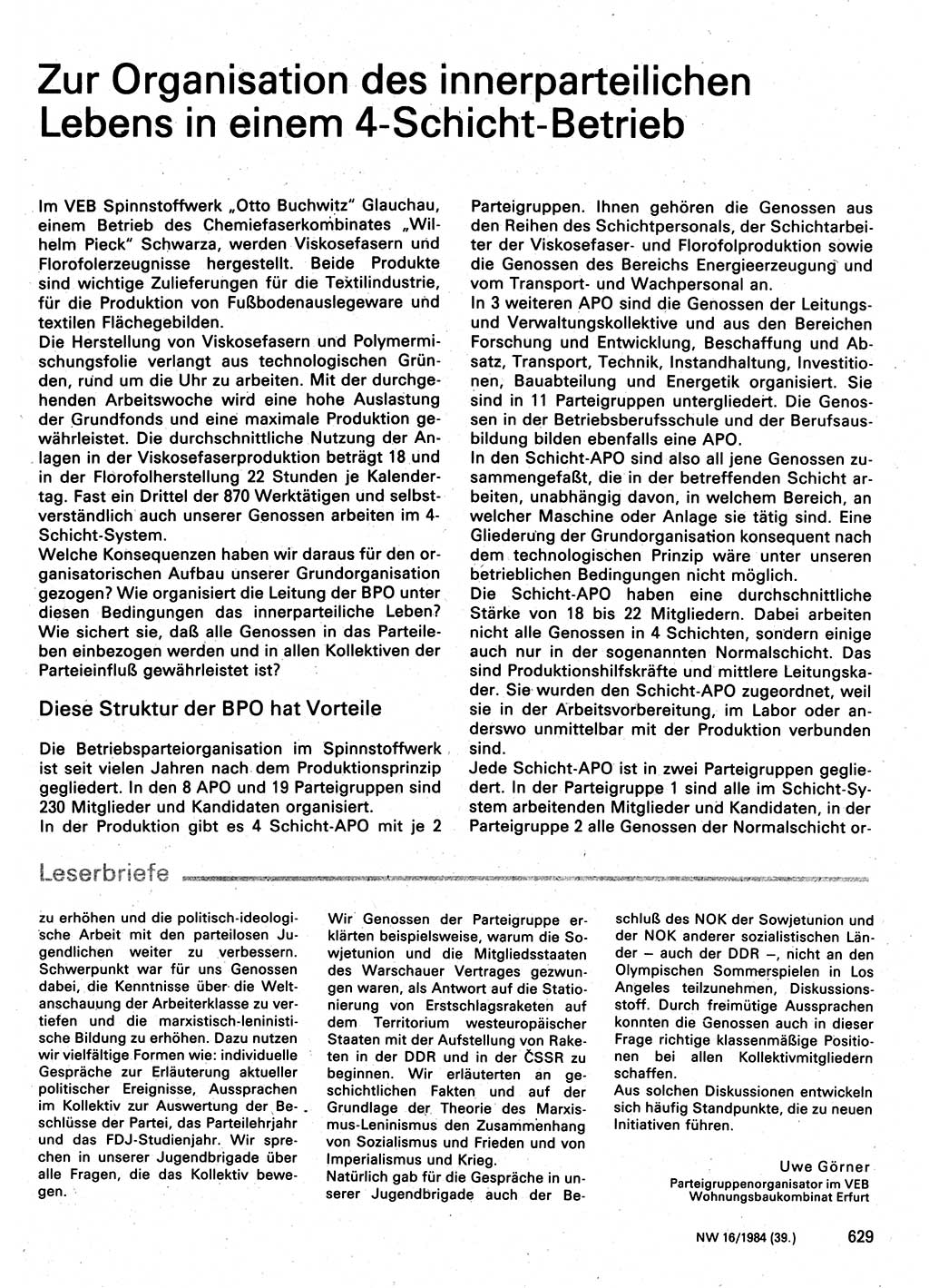 Neuer Weg (NW), Organ des Zentralkomitees (ZK) der SED (Sozialistische Einheitspartei Deutschlands) für Fragen des Parteilebens, 39. Jahrgang [Deutsche Demokratische Republik (DDR)] 1984, Seite 629 (NW ZK SED DDR 1984, S. 629)