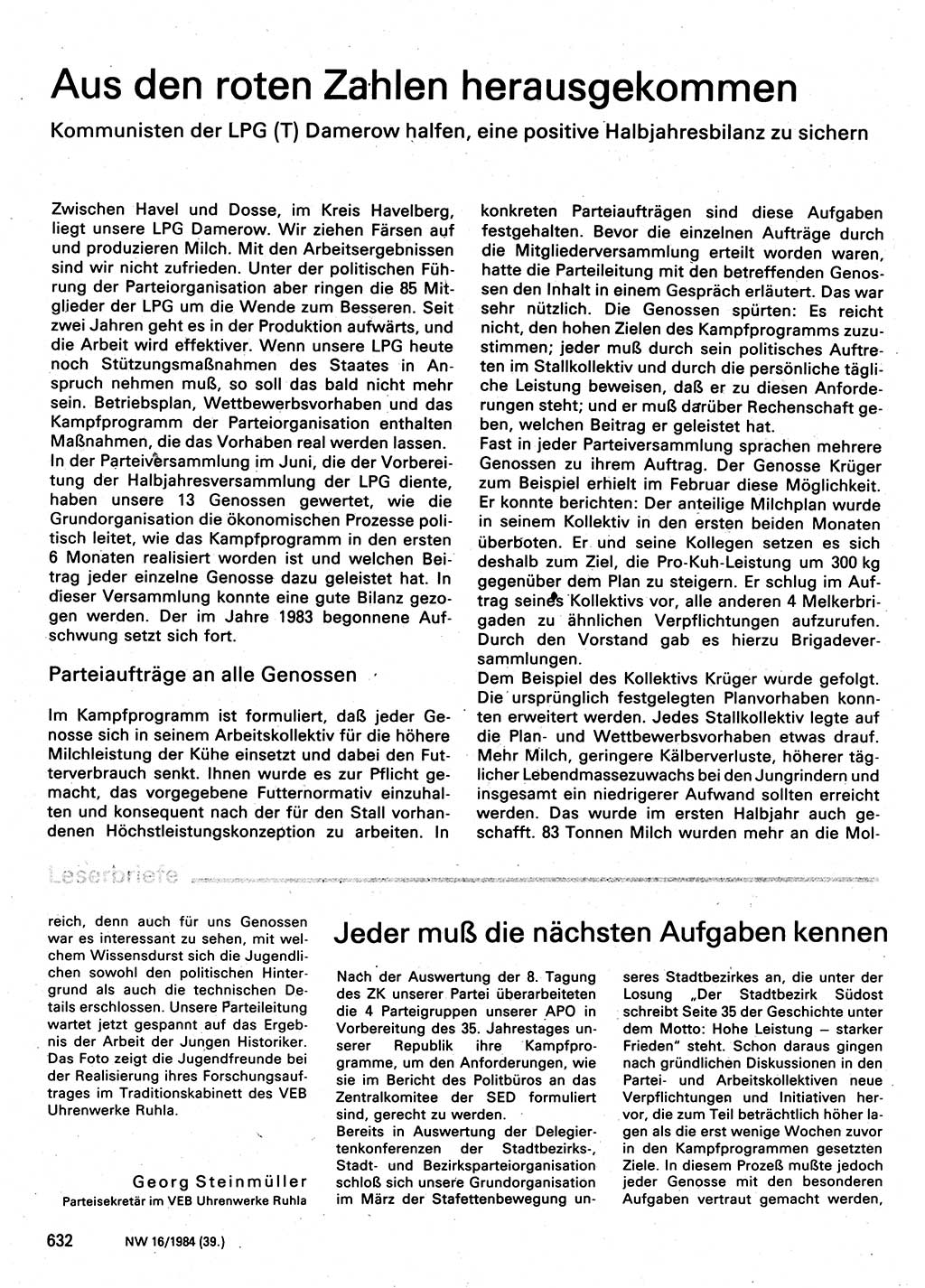 Neuer Weg (NW), Organ des Zentralkomitees (ZK) der SED (Sozialistische Einheitspartei Deutschlands) für Fragen des Parteilebens, 39. Jahrgang [Deutsche Demokratische Republik (DDR)] 1984, Seite 632 (NW ZK SED DDR 1984, S. 632)