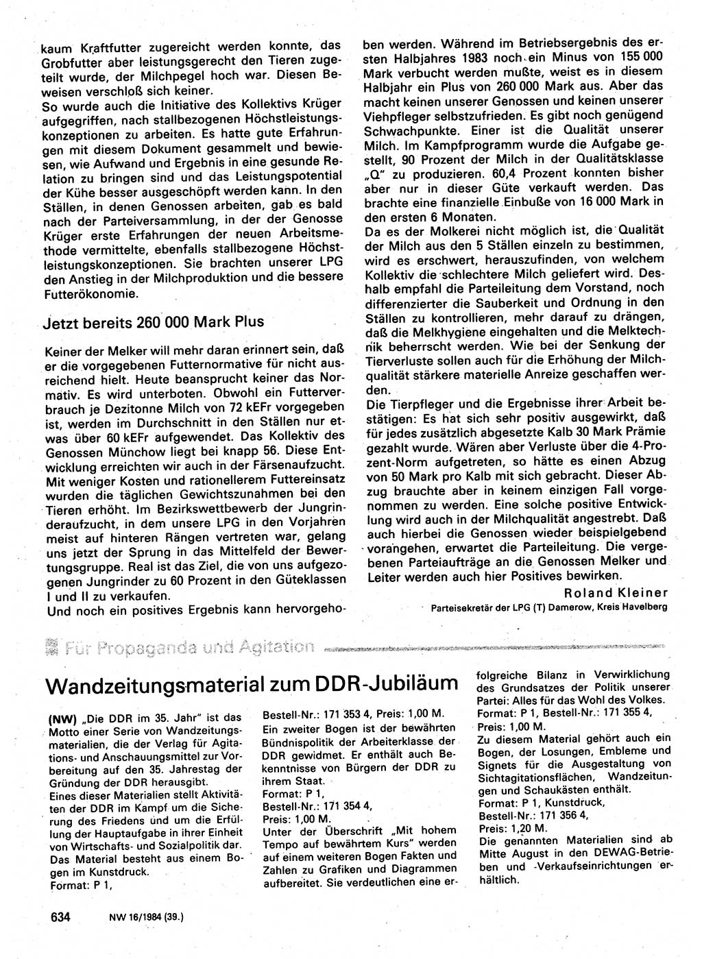 Neuer Weg (NW), Organ des Zentralkomitees (ZK) der SED (Sozialistische Einheitspartei Deutschlands) für Fragen des Parteilebens, 39. Jahrgang [Deutsche Demokratische Republik (DDR)] 1984, Seite 634 (NW ZK SED DDR 1984, S. 634)