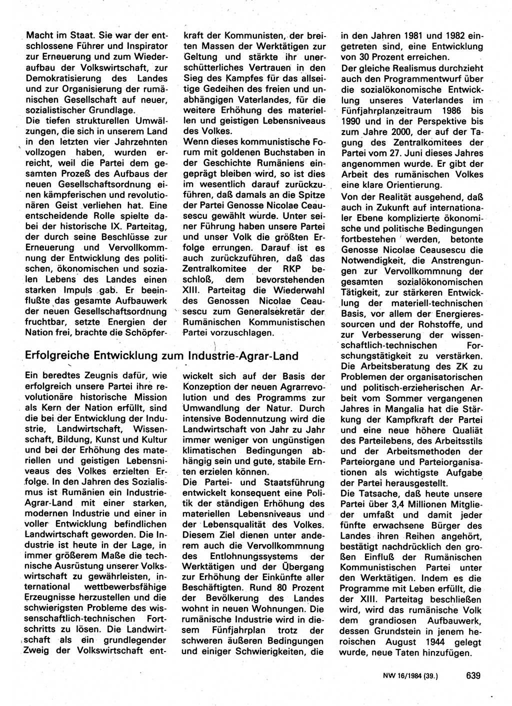 Neuer Weg (NW), Organ des Zentralkomitees (ZK) der SED (Sozialistische Einheitspartei Deutschlands) für Fragen des Parteilebens, 39. Jahrgang [Deutsche Demokratische Republik (DDR)] 1984, Seite 639 (NW ZK SED DDR 1984, S. 639)