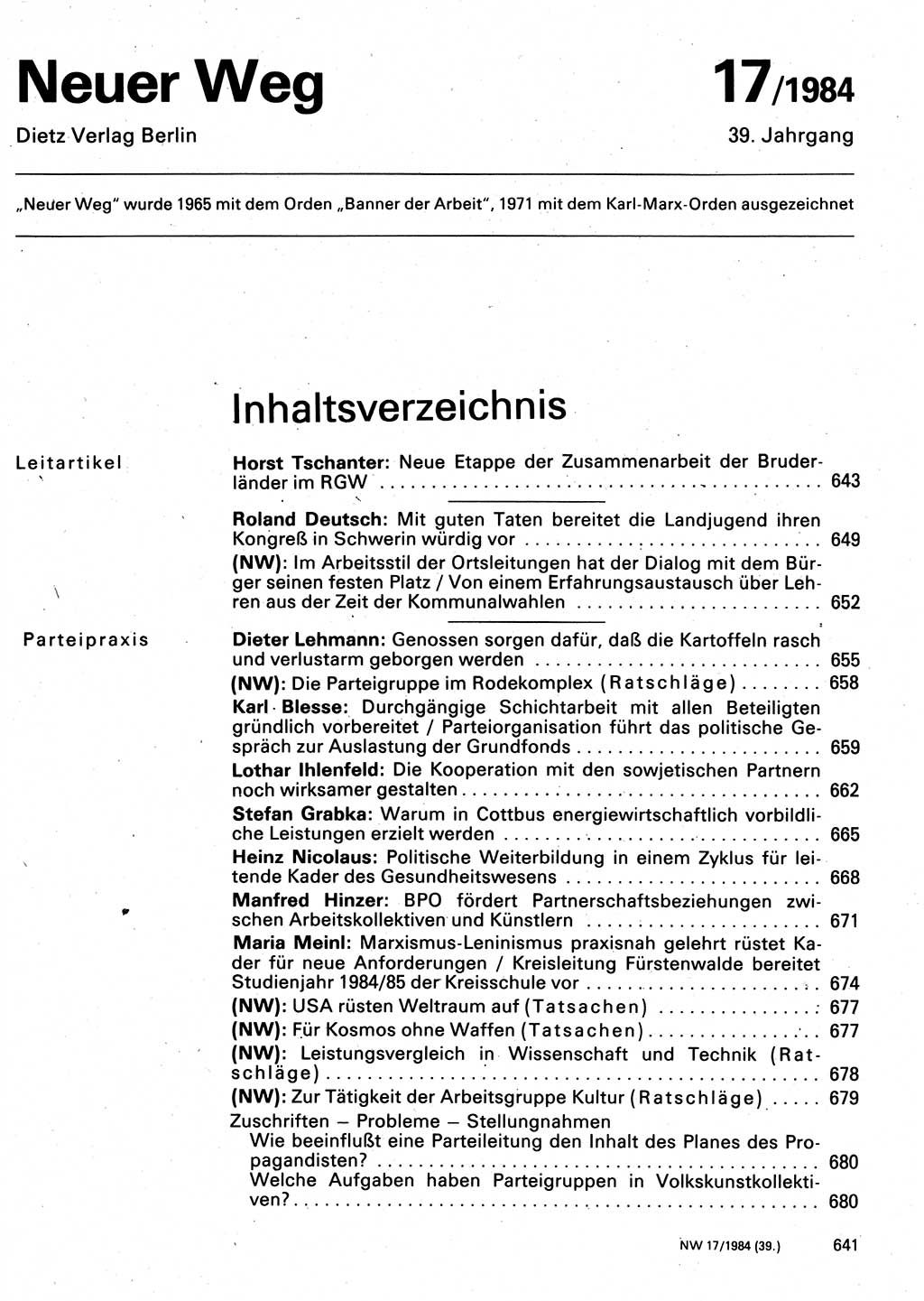 Neuer Weg (NW), Organ des Zentralkomitees (ZK) der SED (Sozialistische Einheitspartei Deutschlands) für Fragen des Parteilebens, 39. Jahrgang [Deutsche Demokratische Republik (DDR)] 1984, Seite 641 (NW ZK SED DDR 1984, S. 641)