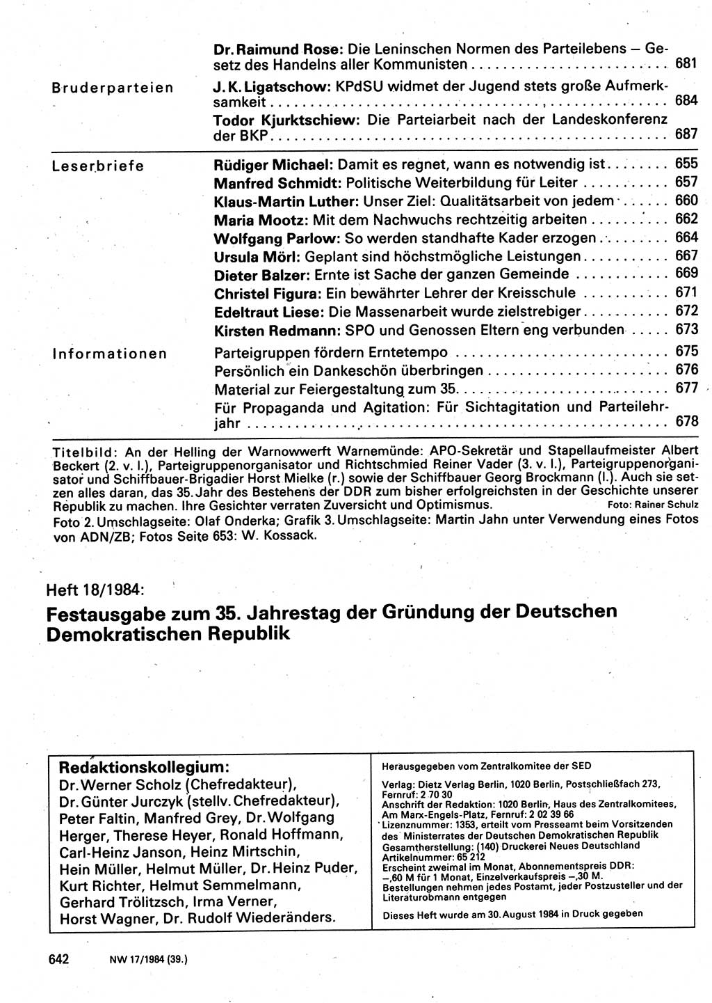 Neuer Weg (NW), Organ des Zentralkomitees (ZK) der SED (Sozialistische Einheitspartei Deutschlands) für Fragen des Parteilebens, 39. Jahrgang [Deutsche Demokratische Republik (DDR)] 1984, Seite 642 (NW ZK SED DDR 1984, S. 642)