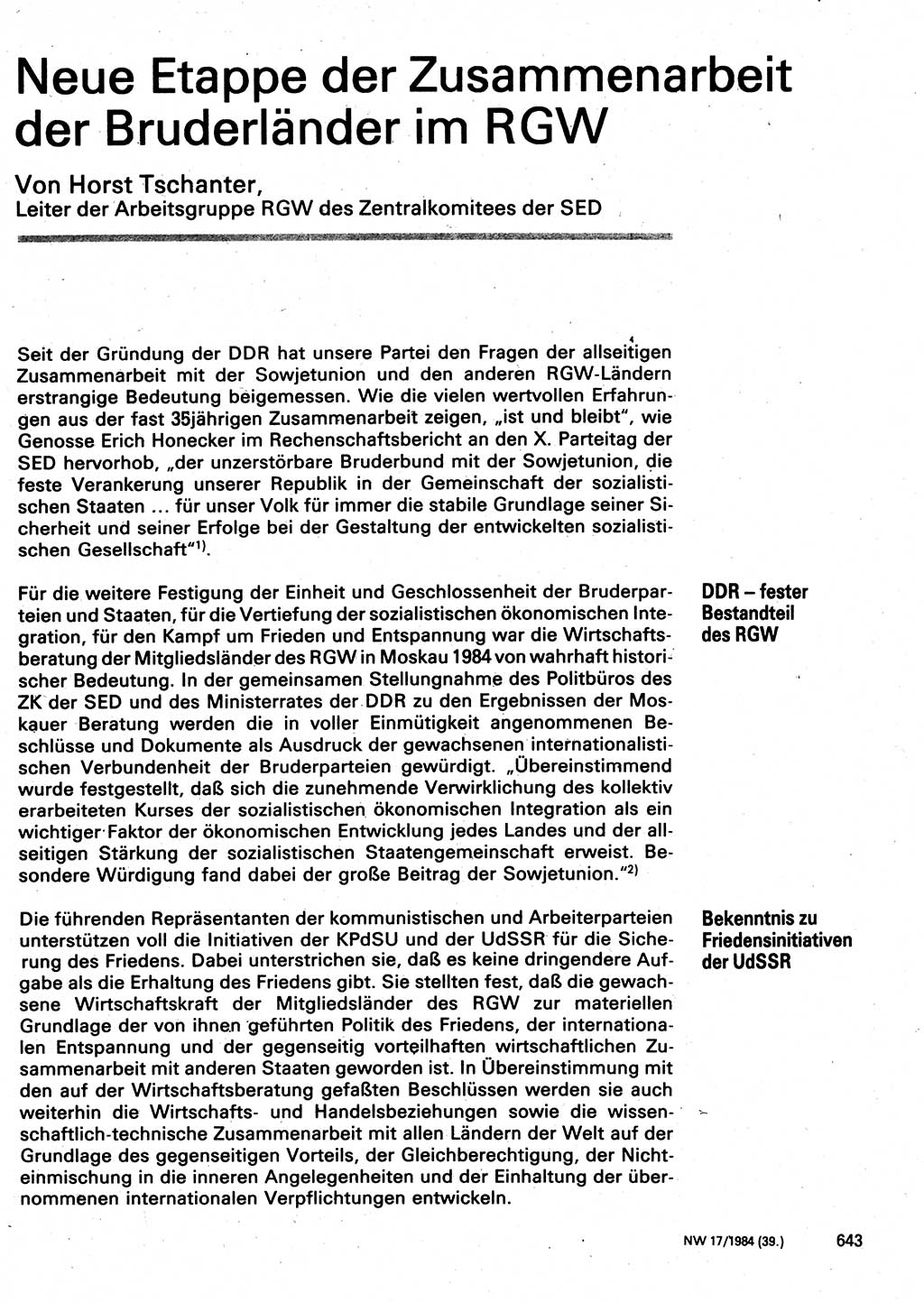 Neuer Weg (NW), Organ des Zentralkomitees (ZK) der SED (Sozialistische Einheitspartei Deutschlands) für Fragen des Parteilebens, 39. Jahrgang [Deutsche Demokratische Republik (DDR)] 1984, Seite 643 (NW ZK SED DDR 1984, S. 643)