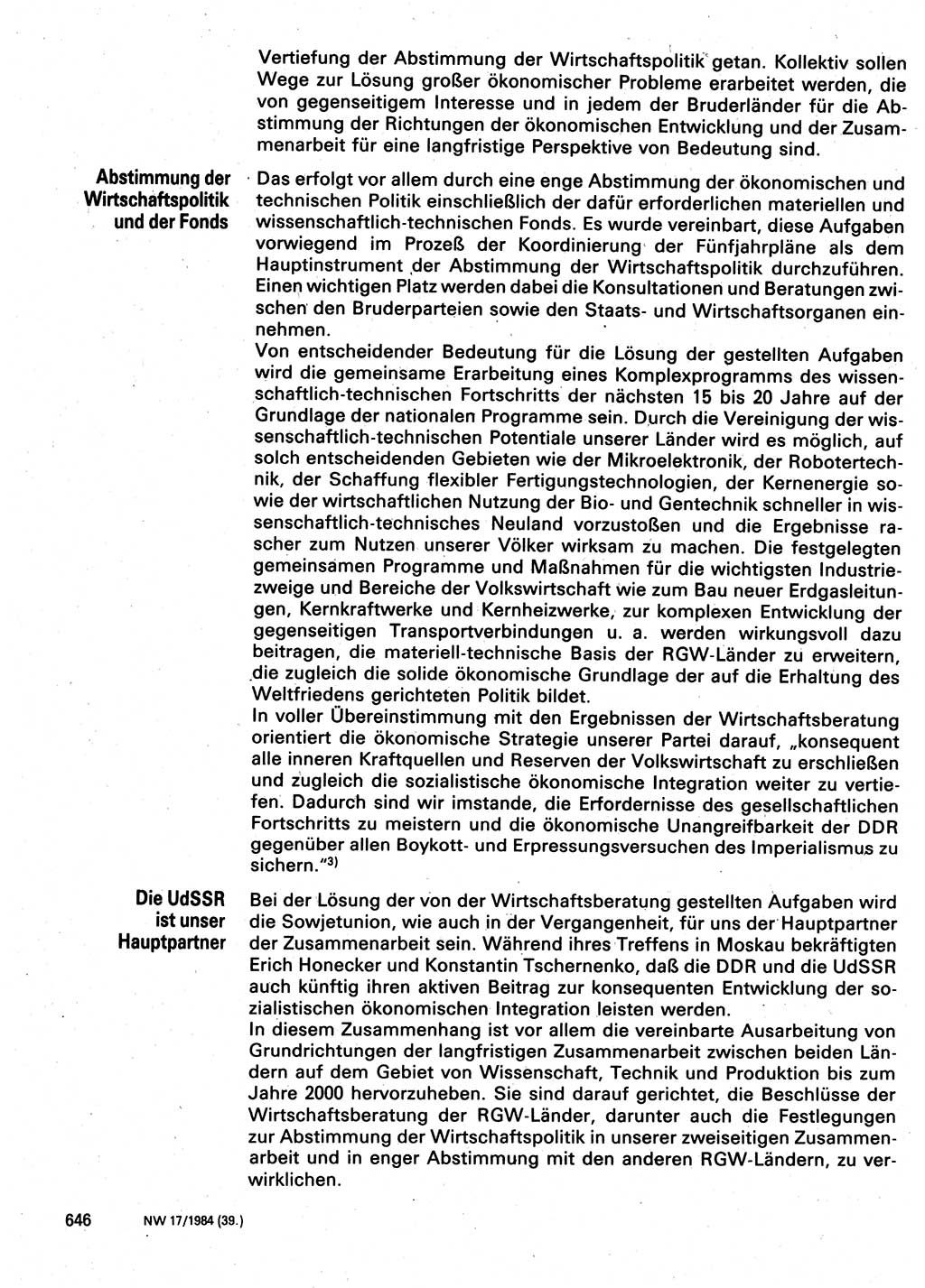 Neuer Weg (NW), Organ des Zentralkomitees (ZK) der SED (Sozialistische Einheitspartei Deutschlands) für Fragen des Parteilebens, 39. Jahrgang [Deutsche Demokratische Republik (DDR)] 1984, Seite 646 (NW ZK SED DDR 1984, S. 646)