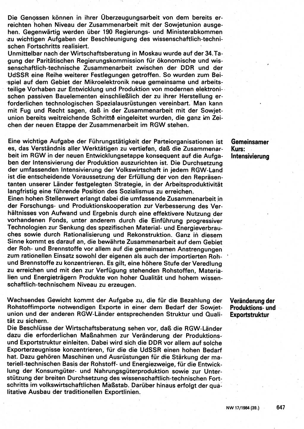 Neuer Weg (NW), Organ des Zentralkomitees (ZK) der SED (Sozialistische Einheitspartei Deutschlands) für Fragen des Parteilebens, 39. Jahrgang [Deutsche Demokratische Republik (DDR)] 1984, Seite 647 (NW ZK SED DDR 1984, S. 647)