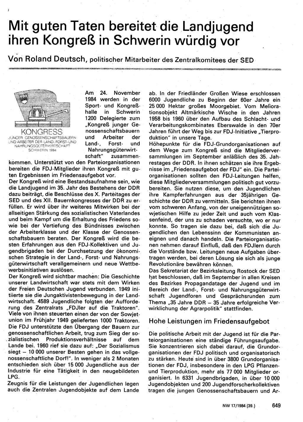Neuer Weg (NW), Organ des Zentralkomitees (ZK) der SED (Sozialistische Einheitspartei Deutschlands) für Fragen des Parteilebens, 39. Jahrgang [Deutsche Demokratische Republik (DDR)] 1984, Seite 649 (NW ZK SED DDR 1984, S. 649)